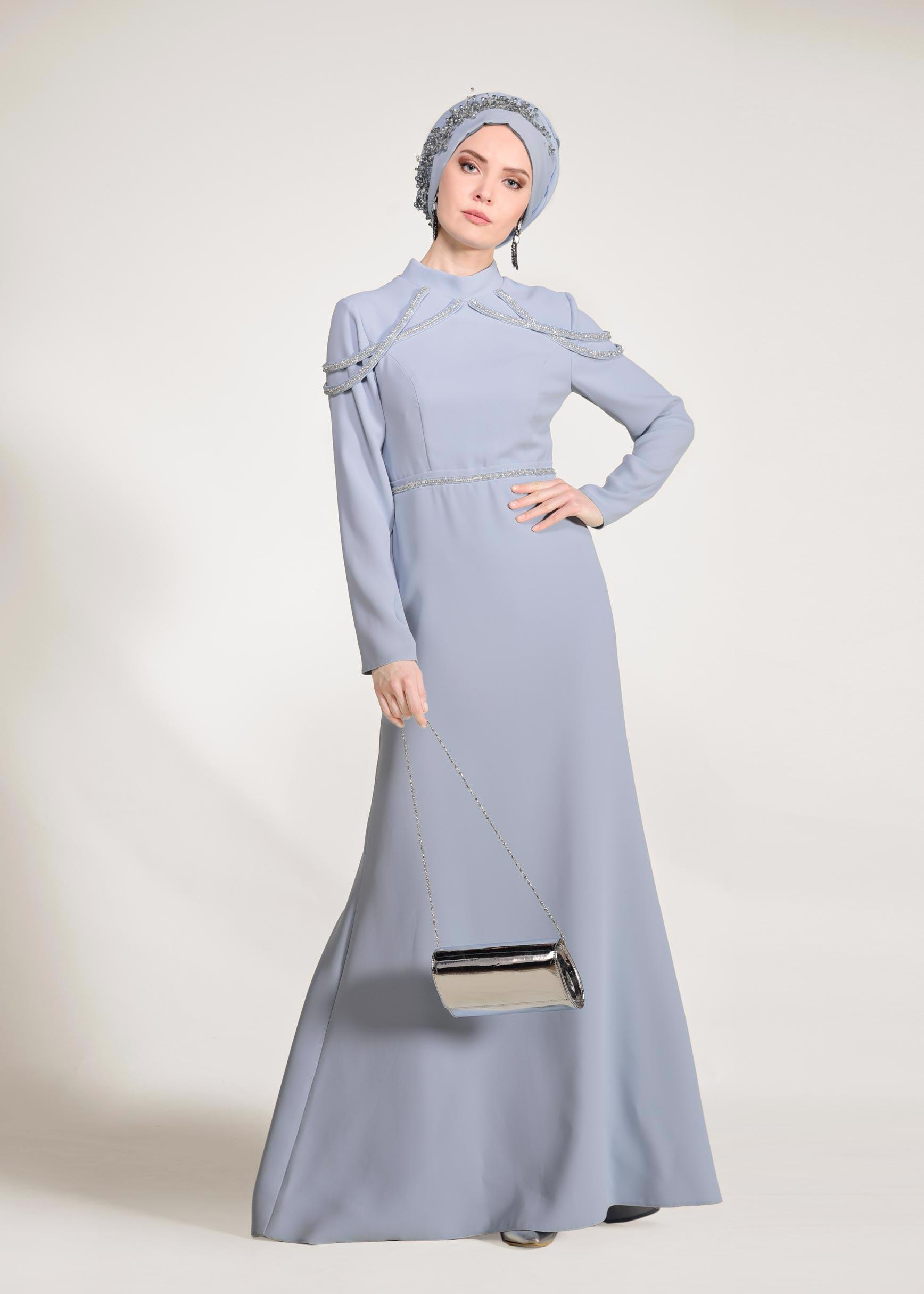 Tesettür giyim MAVİ TAŞ İŞLEMELİ ABİYE ELBİSE 5445