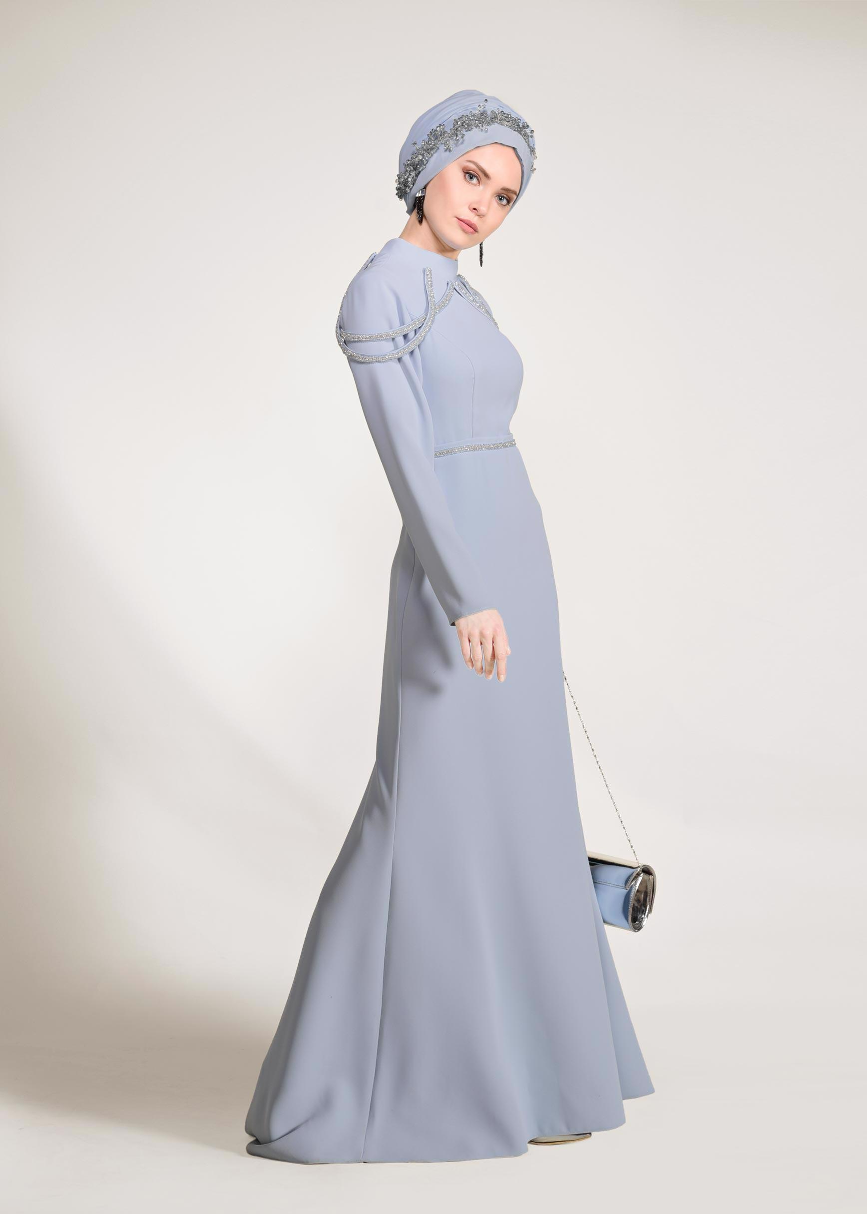 Tesettür giyim MAVİ TAŞ İŞLEMELİ ABİYE ELBİSE 5445