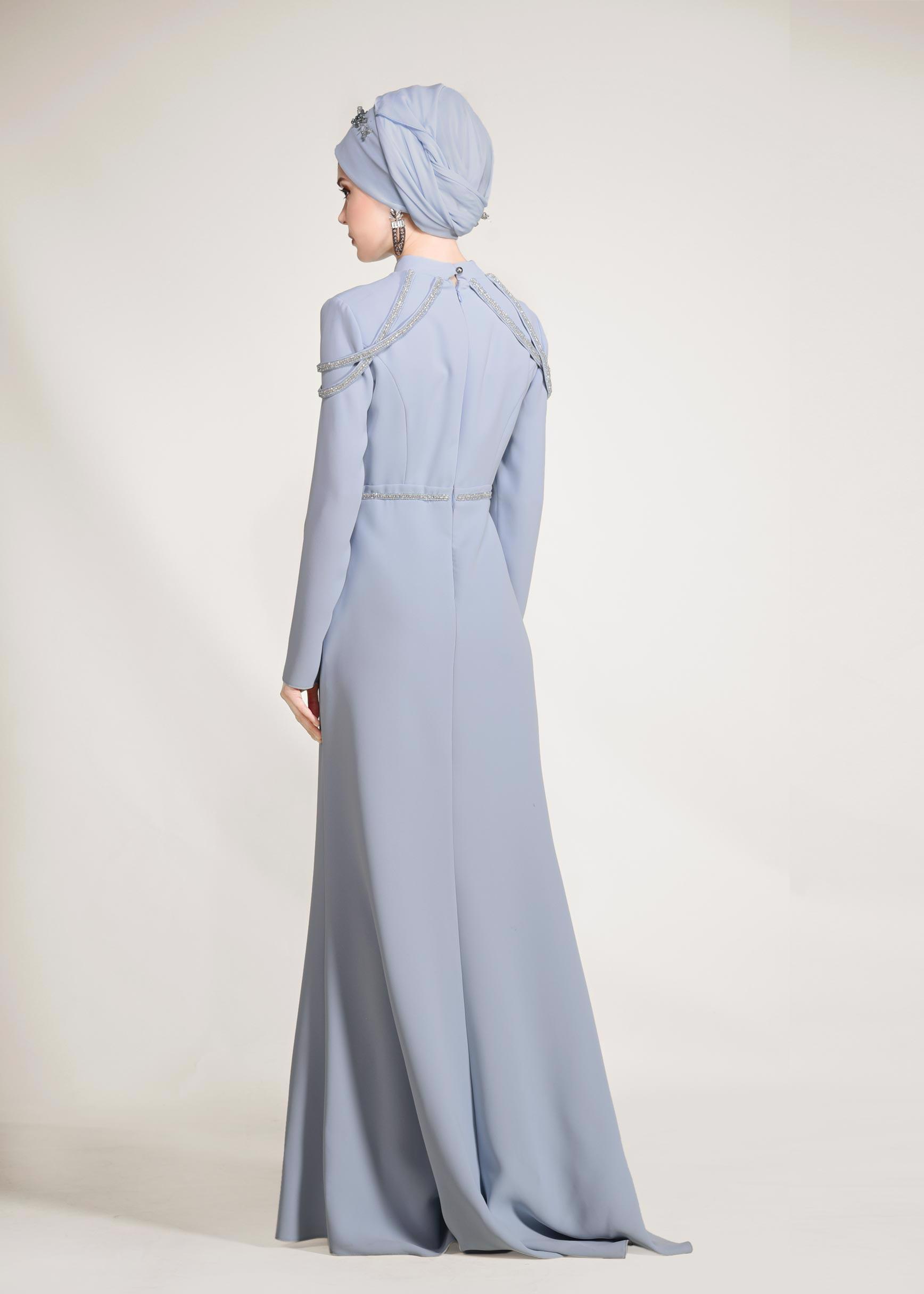 Tesettür giyim MAVİ TAŞ İŞLEMELİ ABİYE ELBİSE 5445