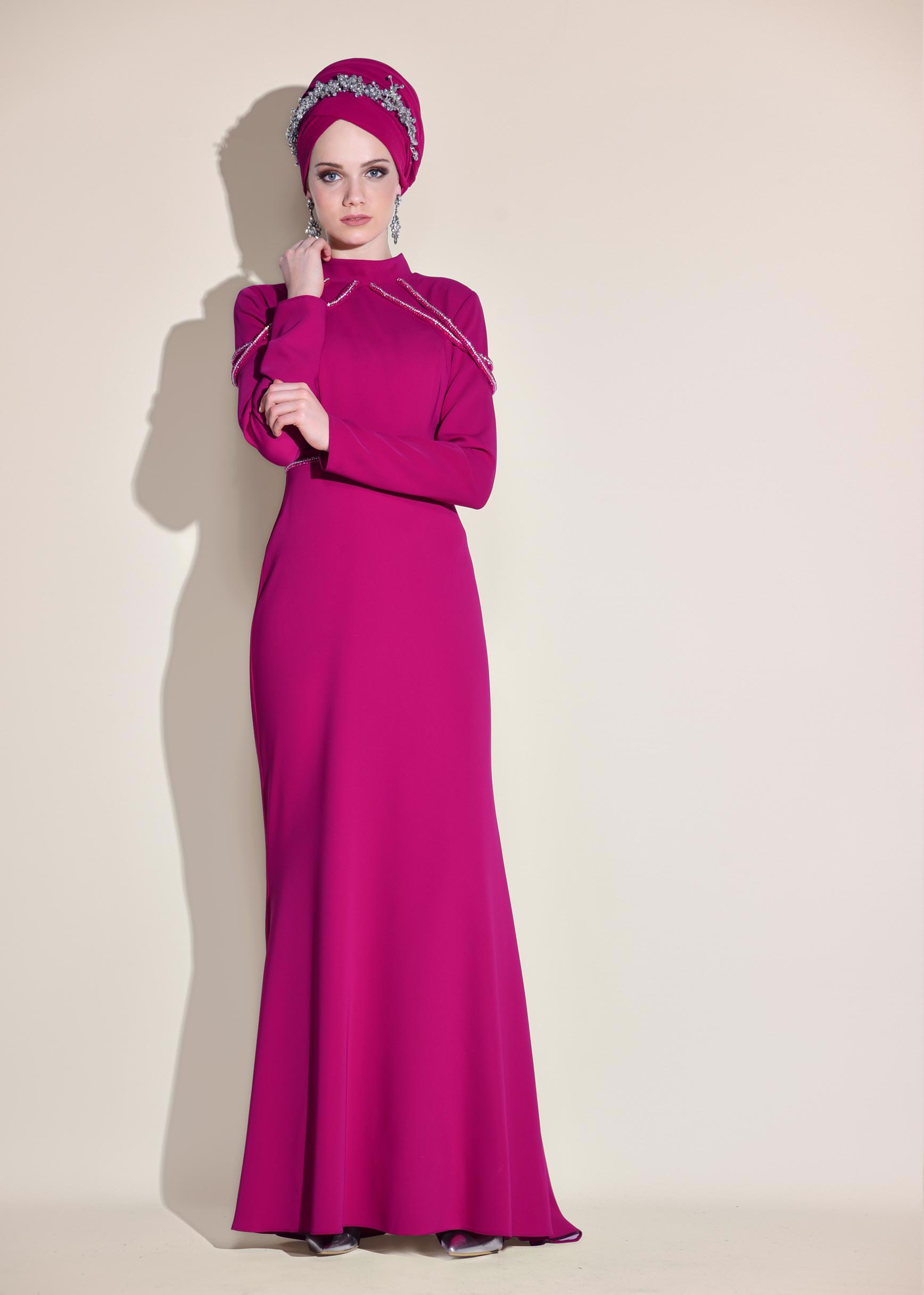 Tesettür giyim FUŞYA TAŞ İŞLEMELİ ABİYE ELBİSE 5445