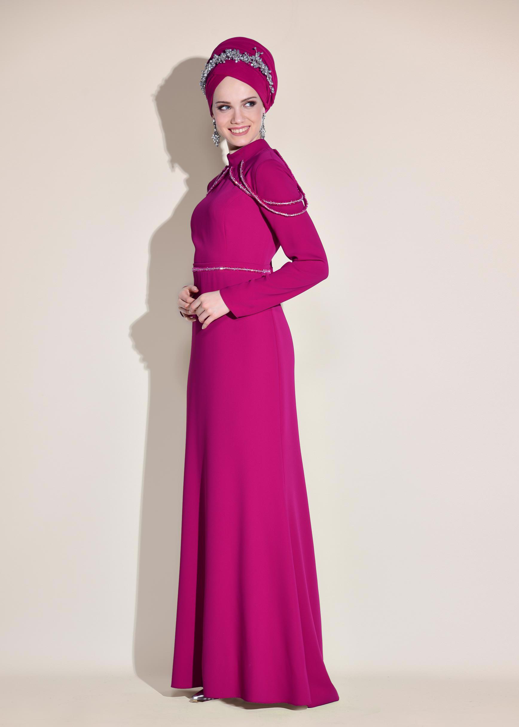 Tesettür giyim FUŞYA TAŞ İŞLEMELİ ABİYE ELBİSE 5445