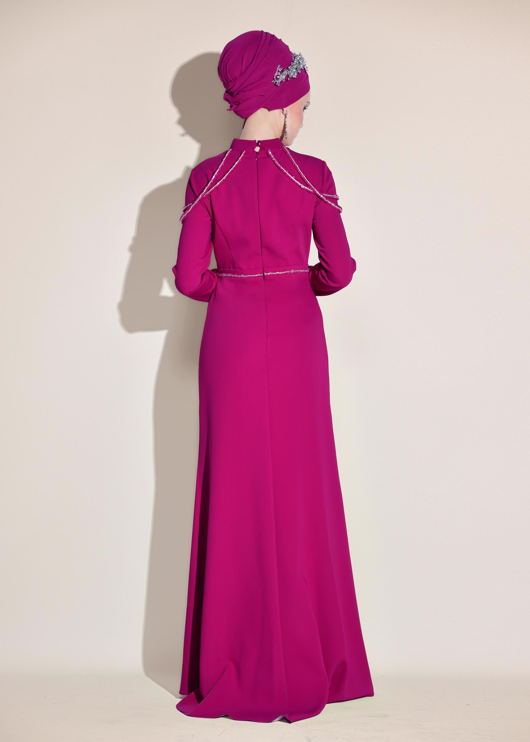 Tesettür giyim FUŞYA TAŞ İŞLEMELİ ABİYE ELBİSE 5445