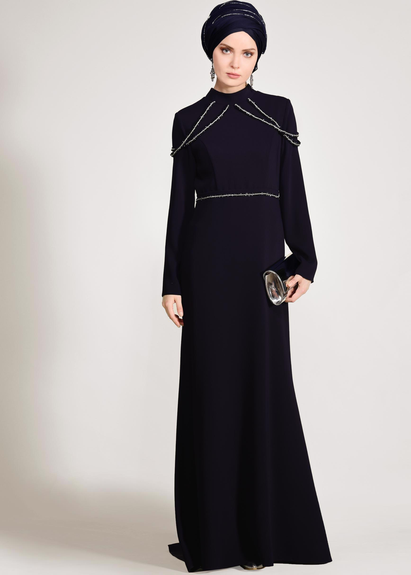 Tesettür giyim LACİVERT TAŞ İŞLEMELİ ABİYE ELBİSE 5445