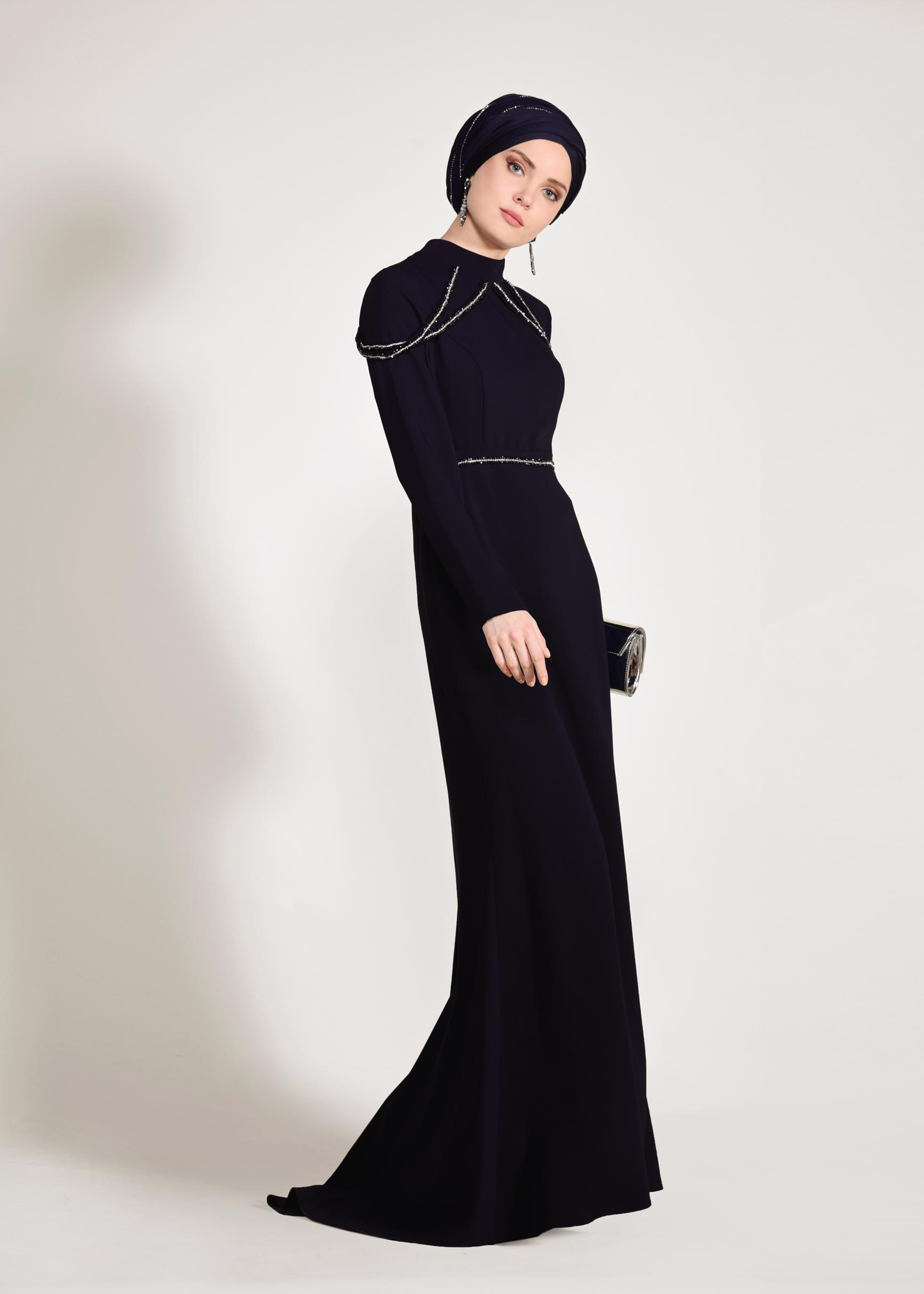 Tesettür giyim LACİVERT TAŞ İŞLEMELİ ABİYE ELBİSE 5445