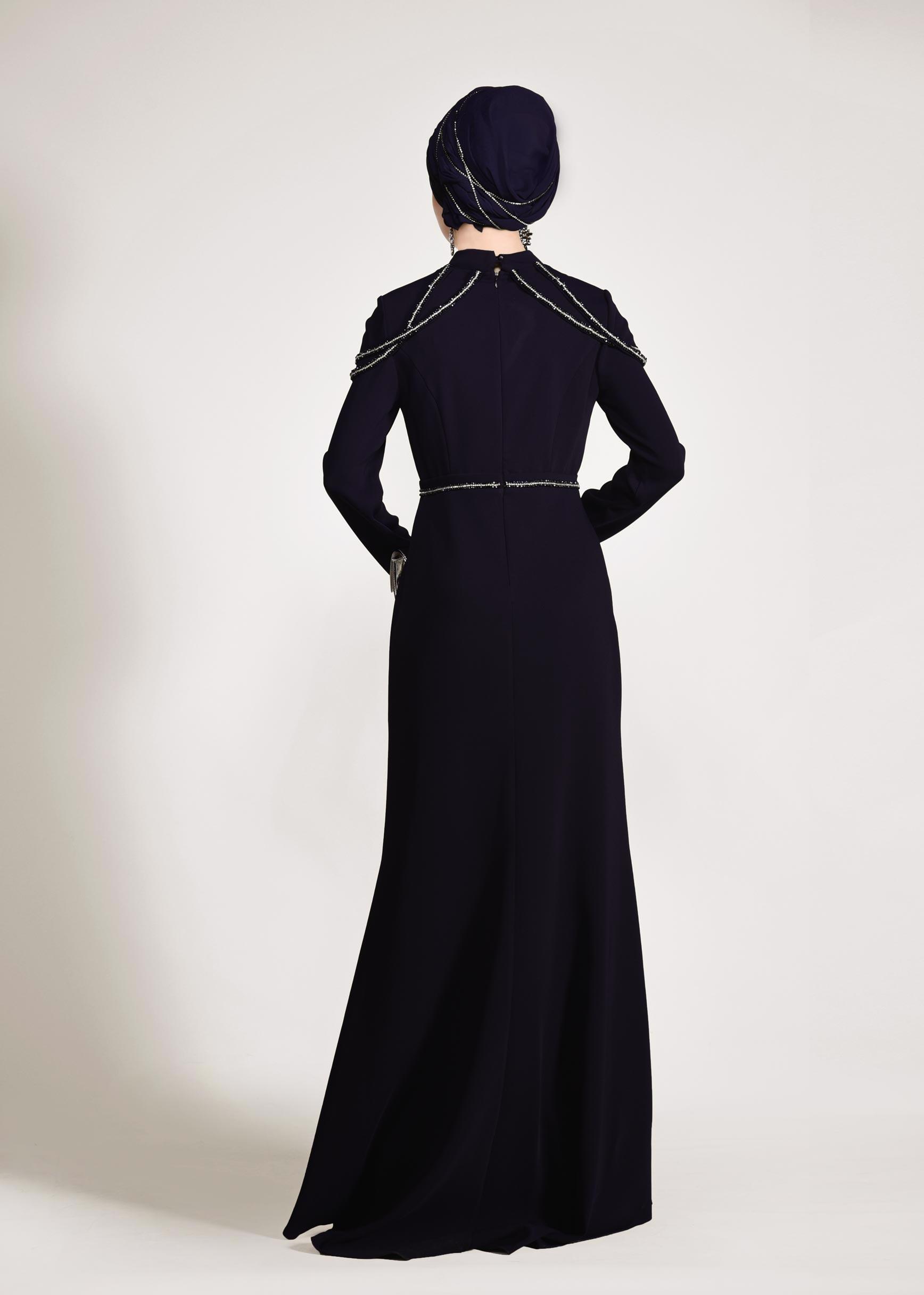 Tesettür giyim LACİVERT TAŞ İŞLEMELİ ABİYE ELBİSE 5445