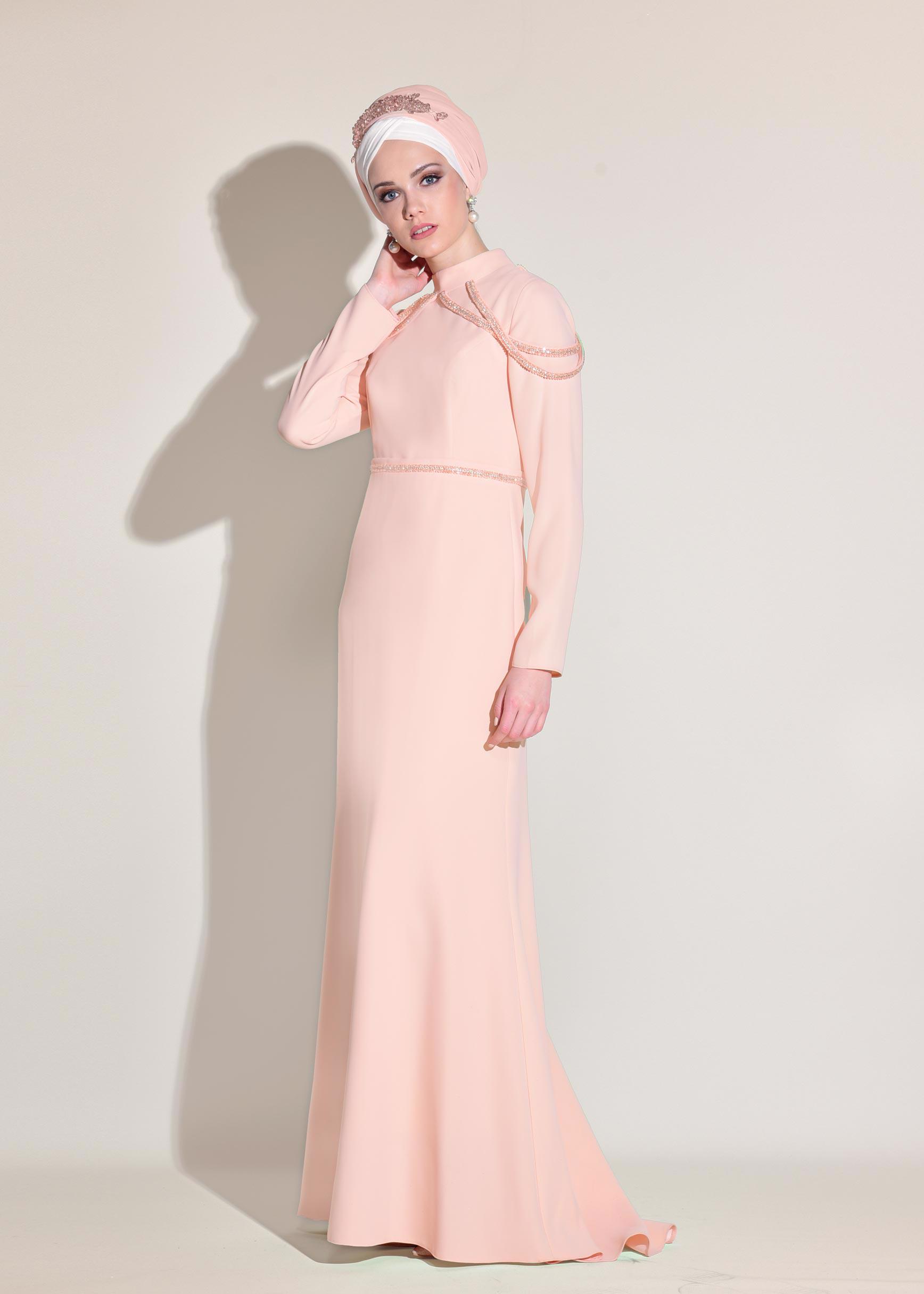 Tesettür giyim PUDRA TAŞ İŞLEMELİ ABİYE ELBİSE 5445