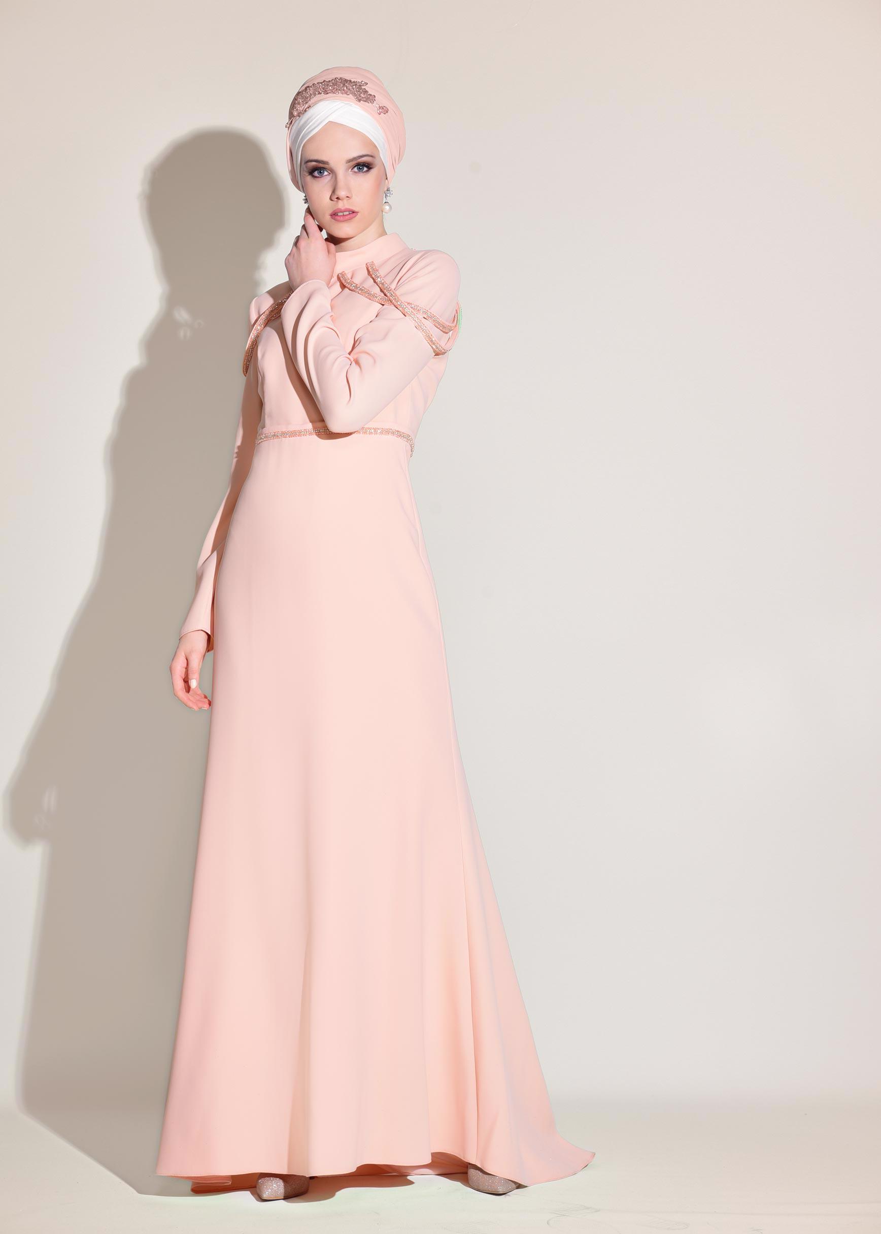 Tesettür giyim PUDRA TAŞ İŞLEMELİ ABİYE ELBİSE 5445