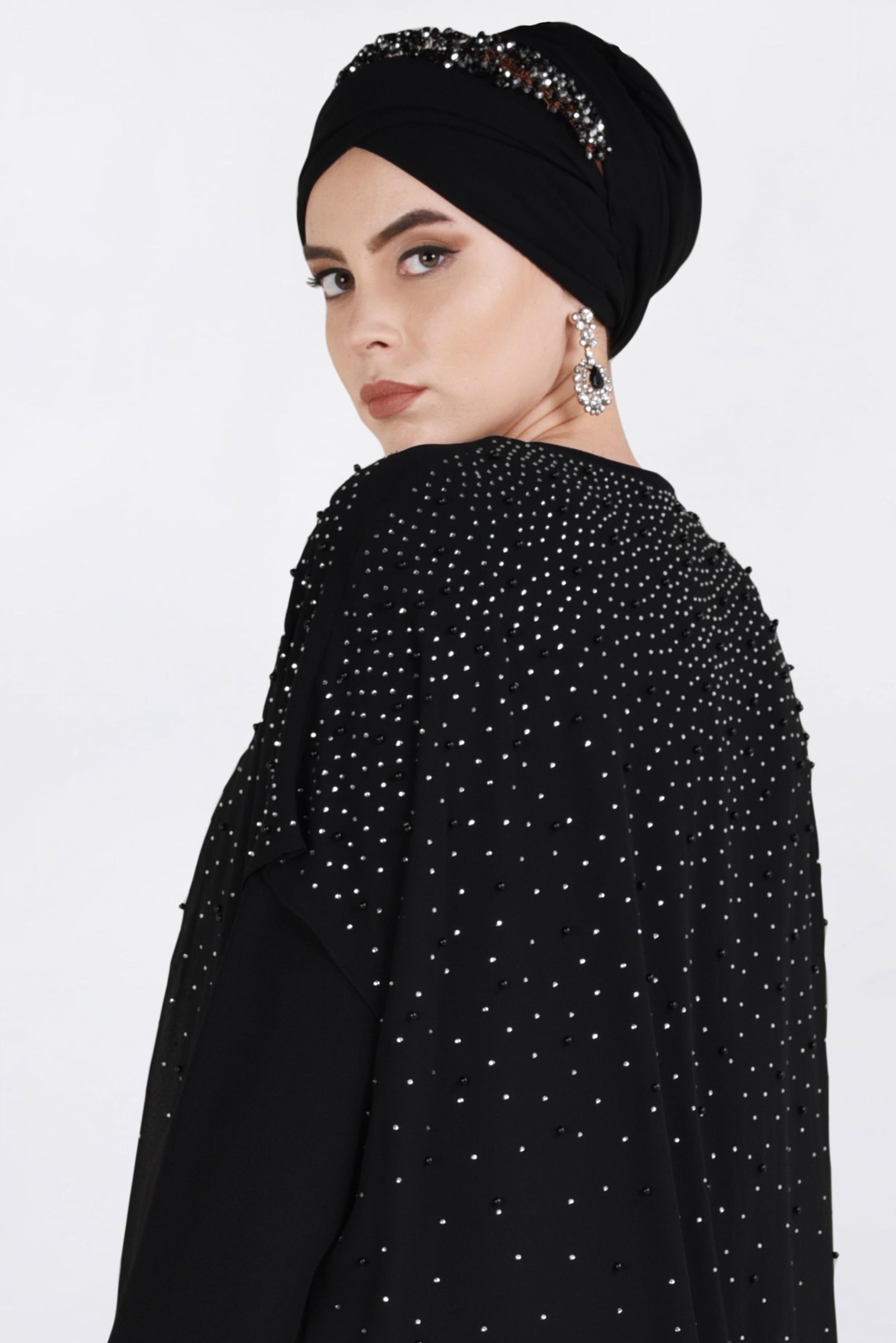 Tesettür giyim SİYAH 5464 NİL CREP 2&prime;Lİ ABİYE ELBİSE 46/52 TEK44