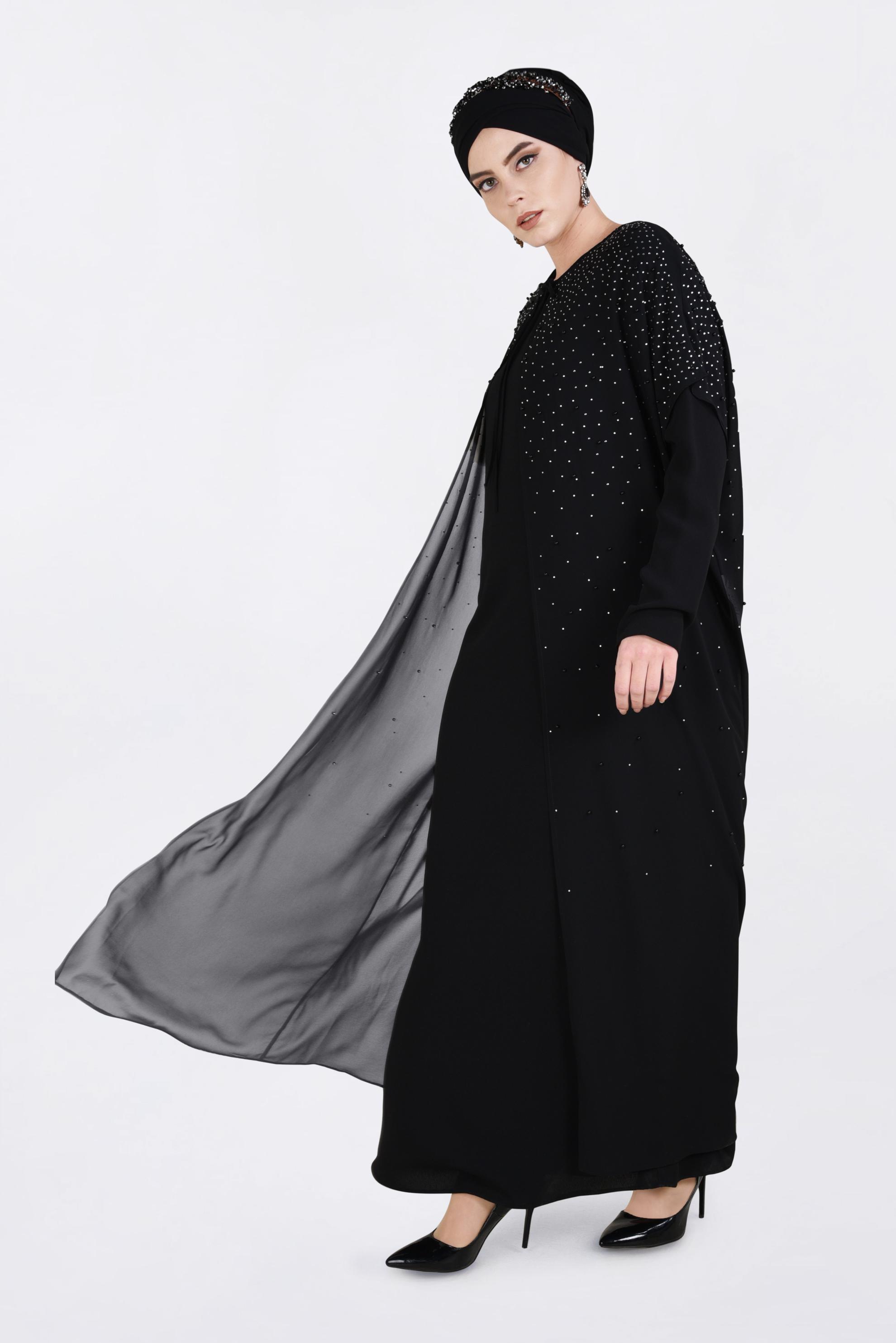 Tesettür giyim SİYAH 5464 NİL CREP 2&prime;Lİ ABİYE ELBİSE 46/52 TEK44