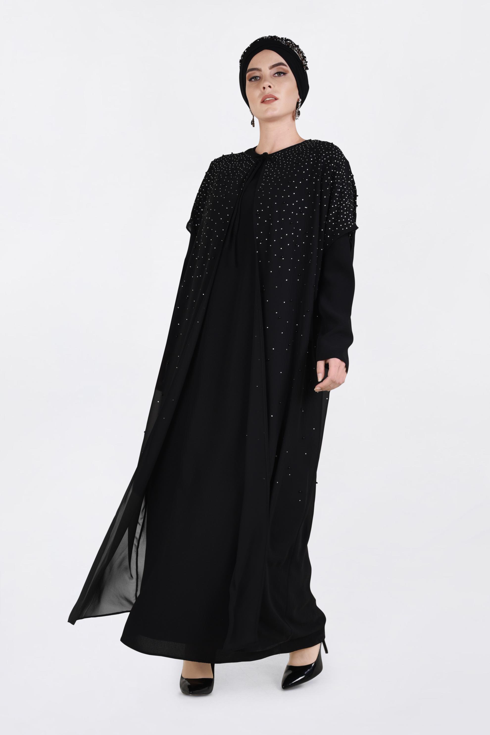 Tesettür giyim SİYAH 5464 NİL CREP 2&prime;Lİ ABİYE ELBİSE 46/52 TEK44