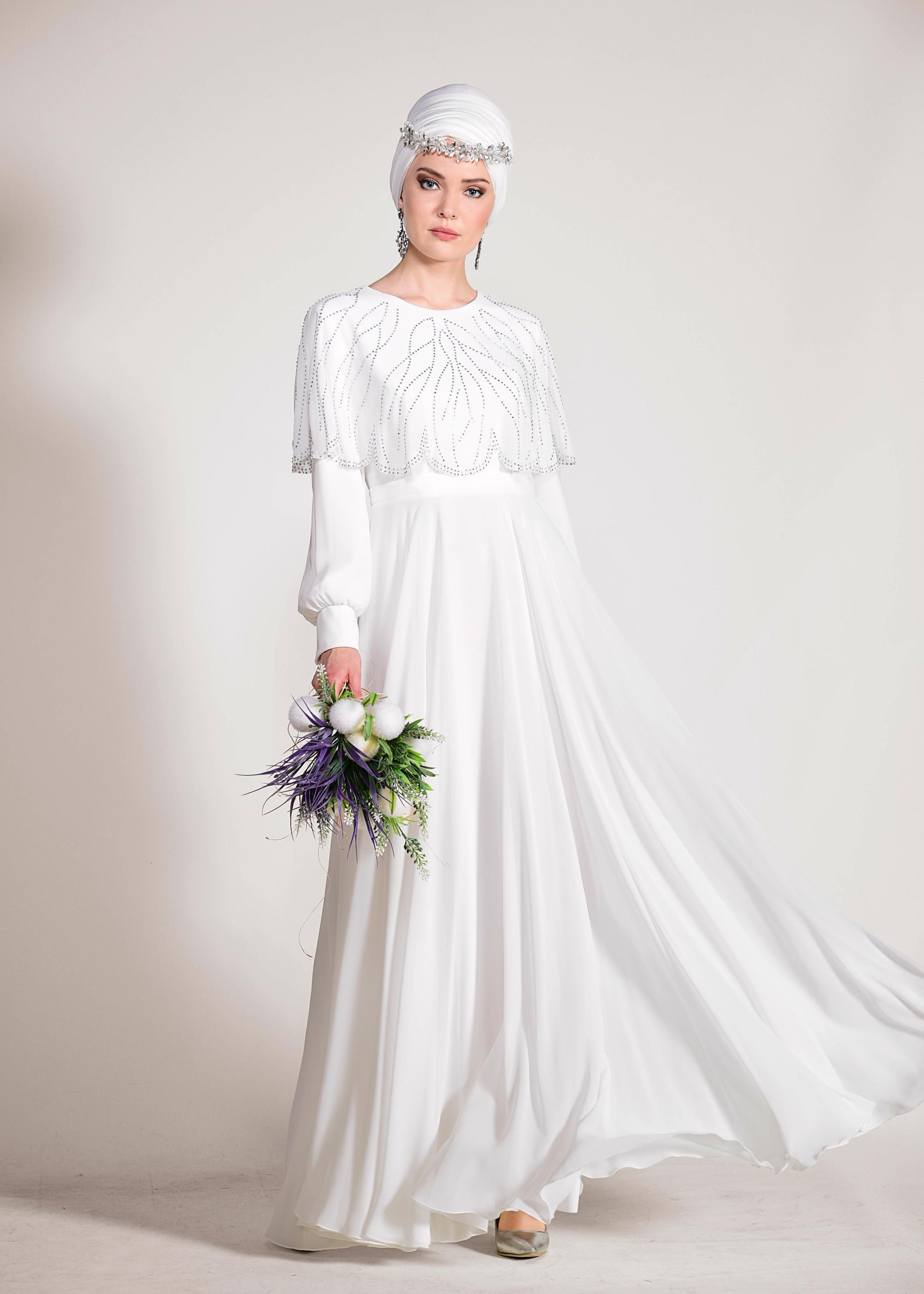 Tesettür giyim BEYAZ TAŞ BASKILI ŞİFON ABİYE ELBİSE 5468