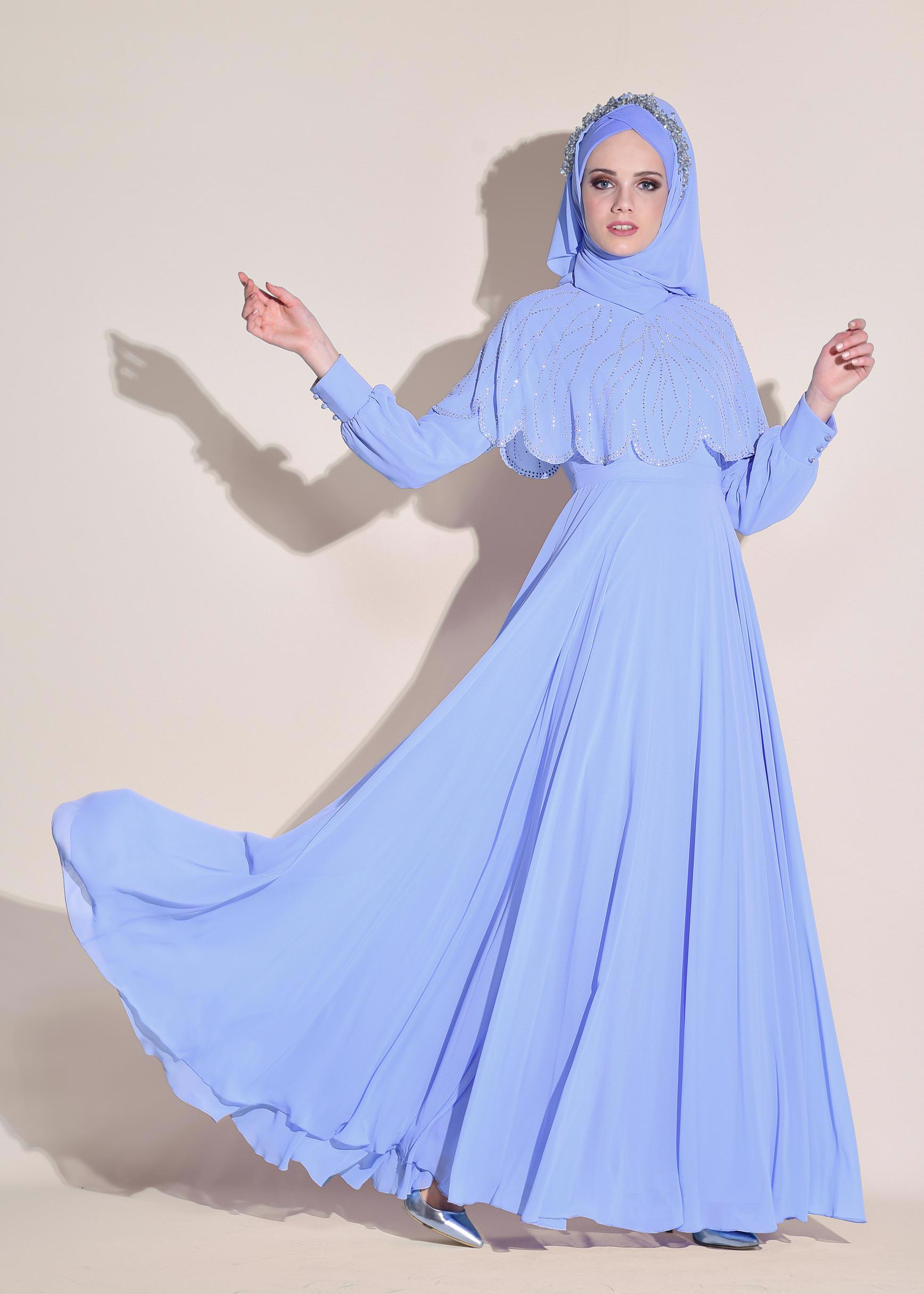 Tesettür giyim MAVİ TAŞ BASKILI ŞİFON ABİYE ELBİSE 5468