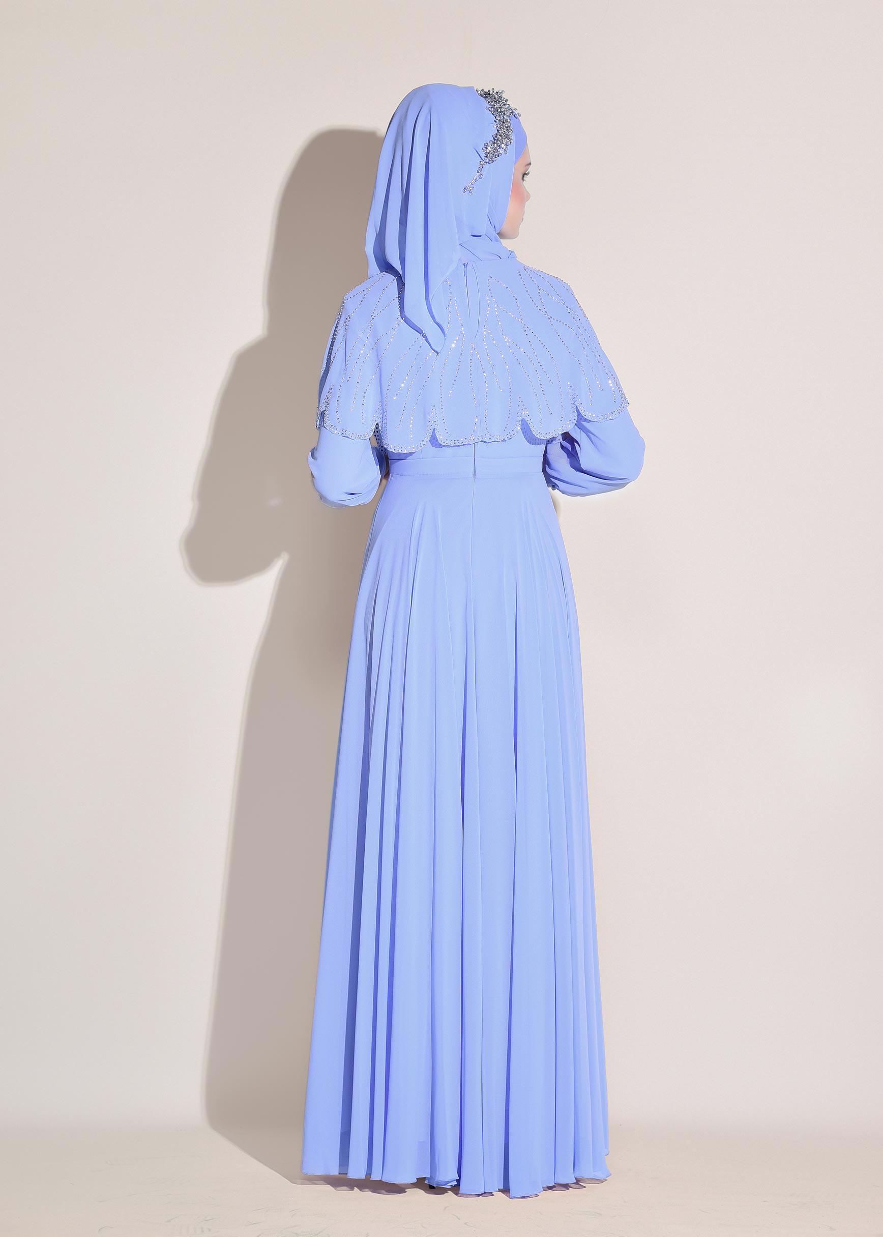 Tesettür giyim MAVİ TAŞ BASKILI ŞİFON ABİYE ELBİSE 5468