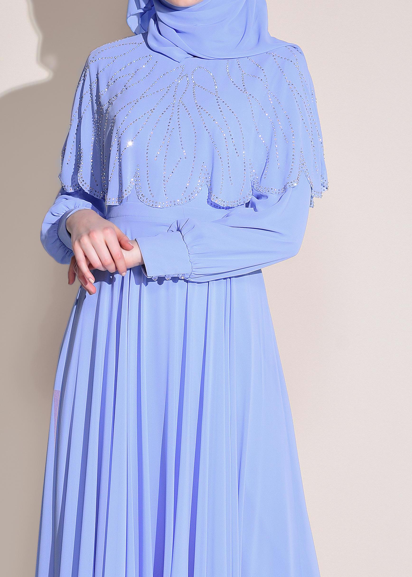 Tesettür giyim MAVİ TAŞ BASKILI ŞİFON ABİYE ELBİSE 5468