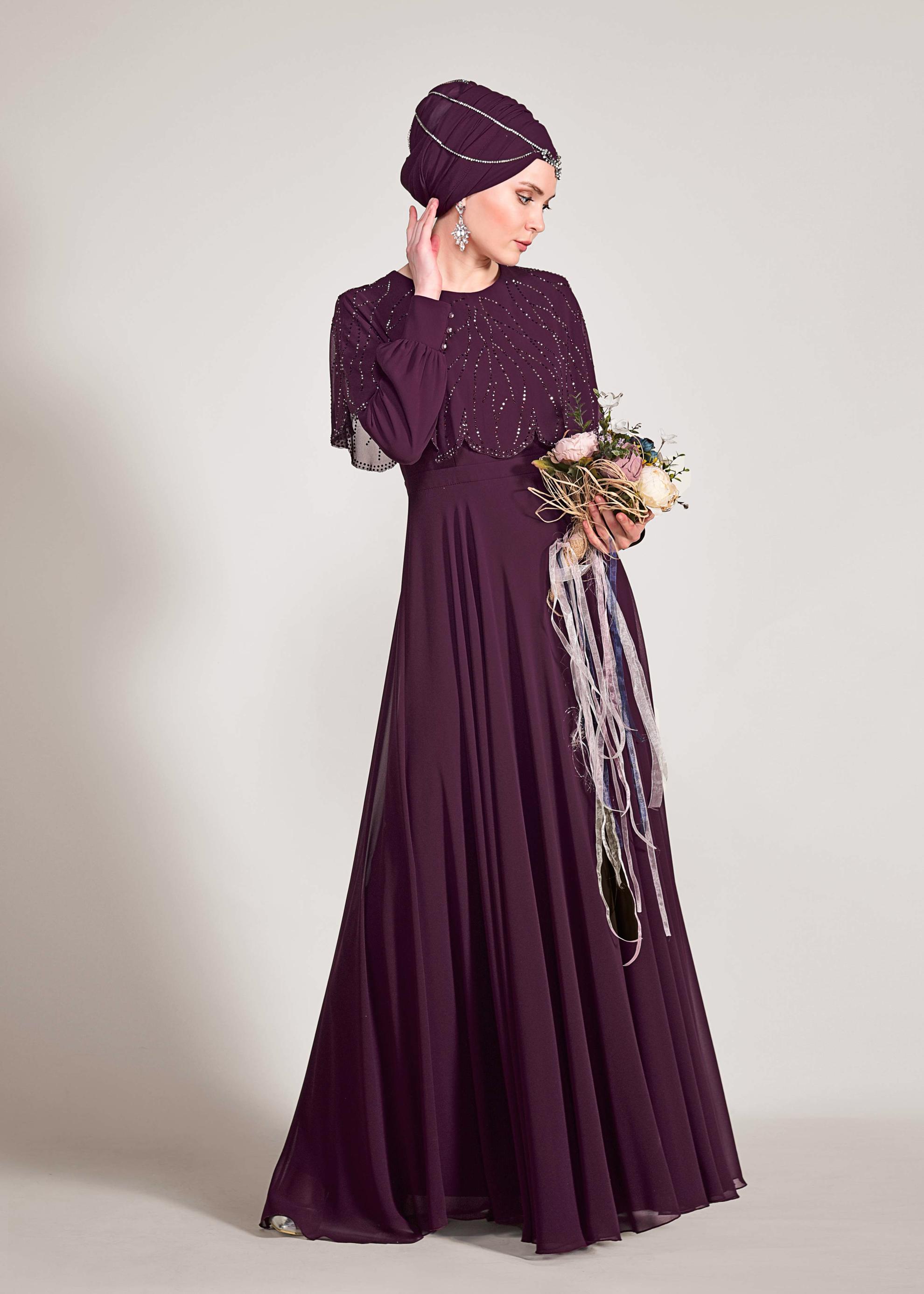 Tesettür giyim MOR TAŞ BASKILI ŞİFON ABİYE ELBİSE 5468