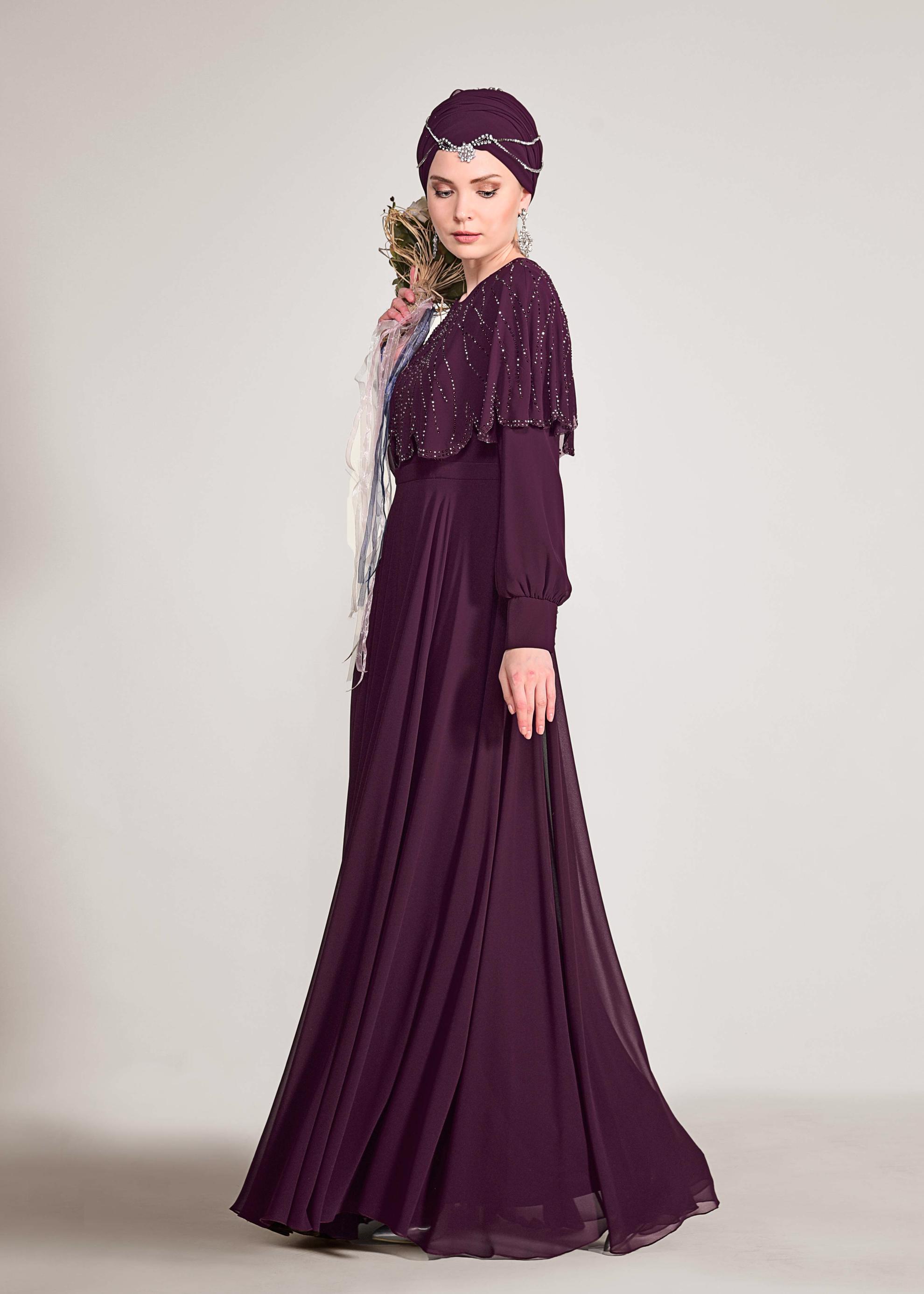 Tesettür giyim MOR TAŞ BASKILI ŞİFON ABİYE ELBİSE 5468