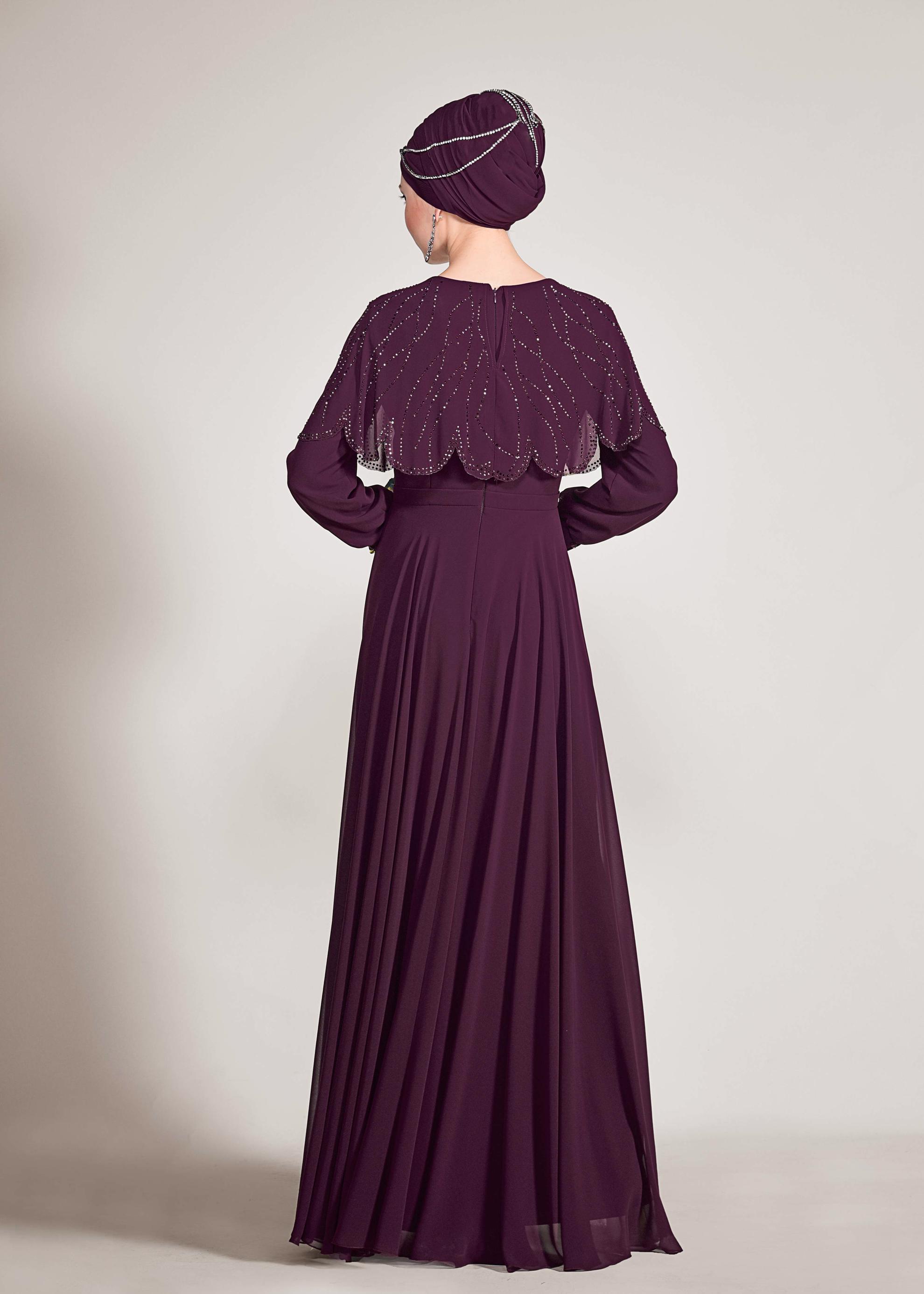 Tesettür giyim MOR TAŞ BASKILI ŞİFON ABİYE ELBİSE 5468