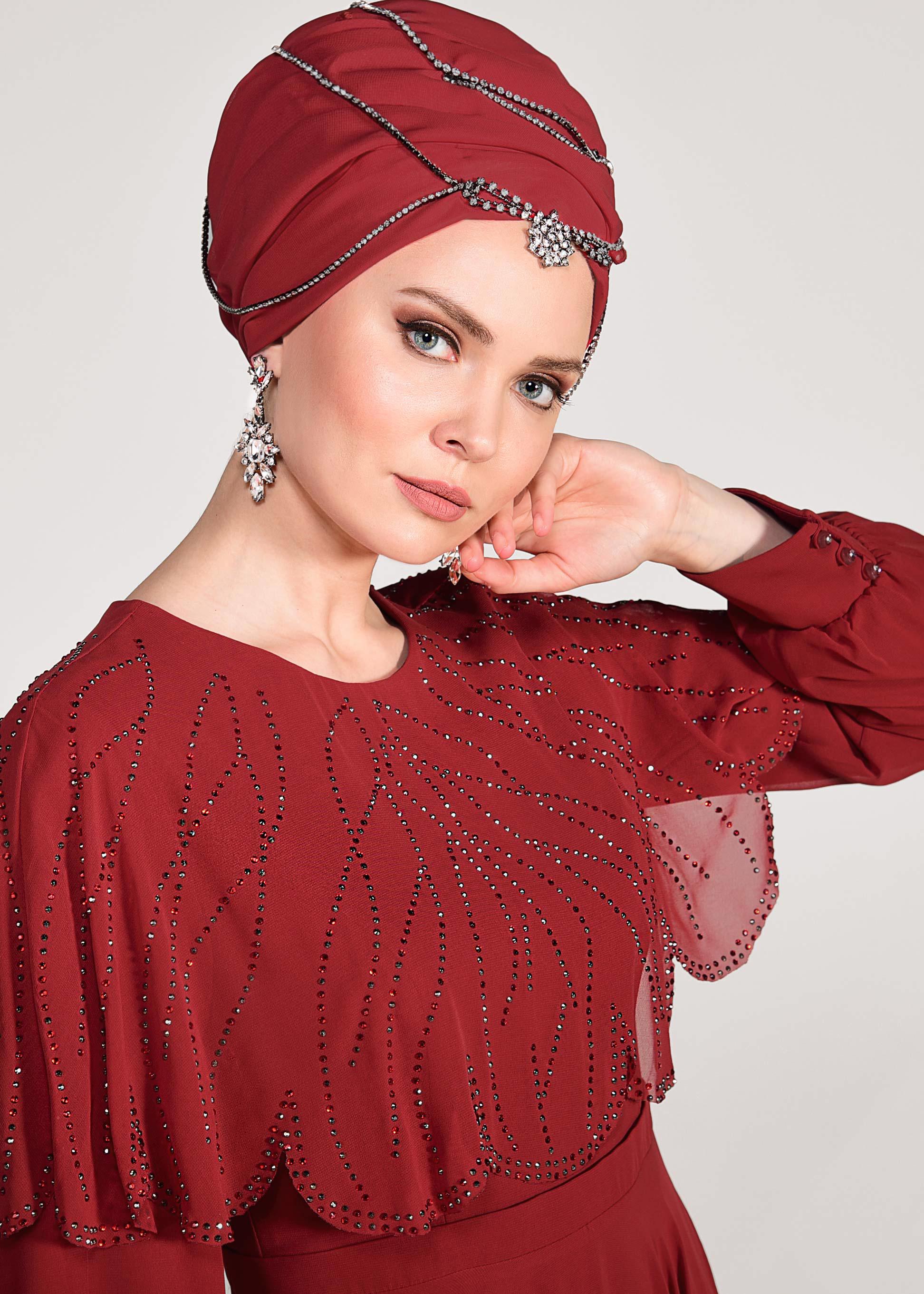 Tesettür giyim BORDO TAŞ BASKILI ŞİFON ABİYE ELBİSE 5468
