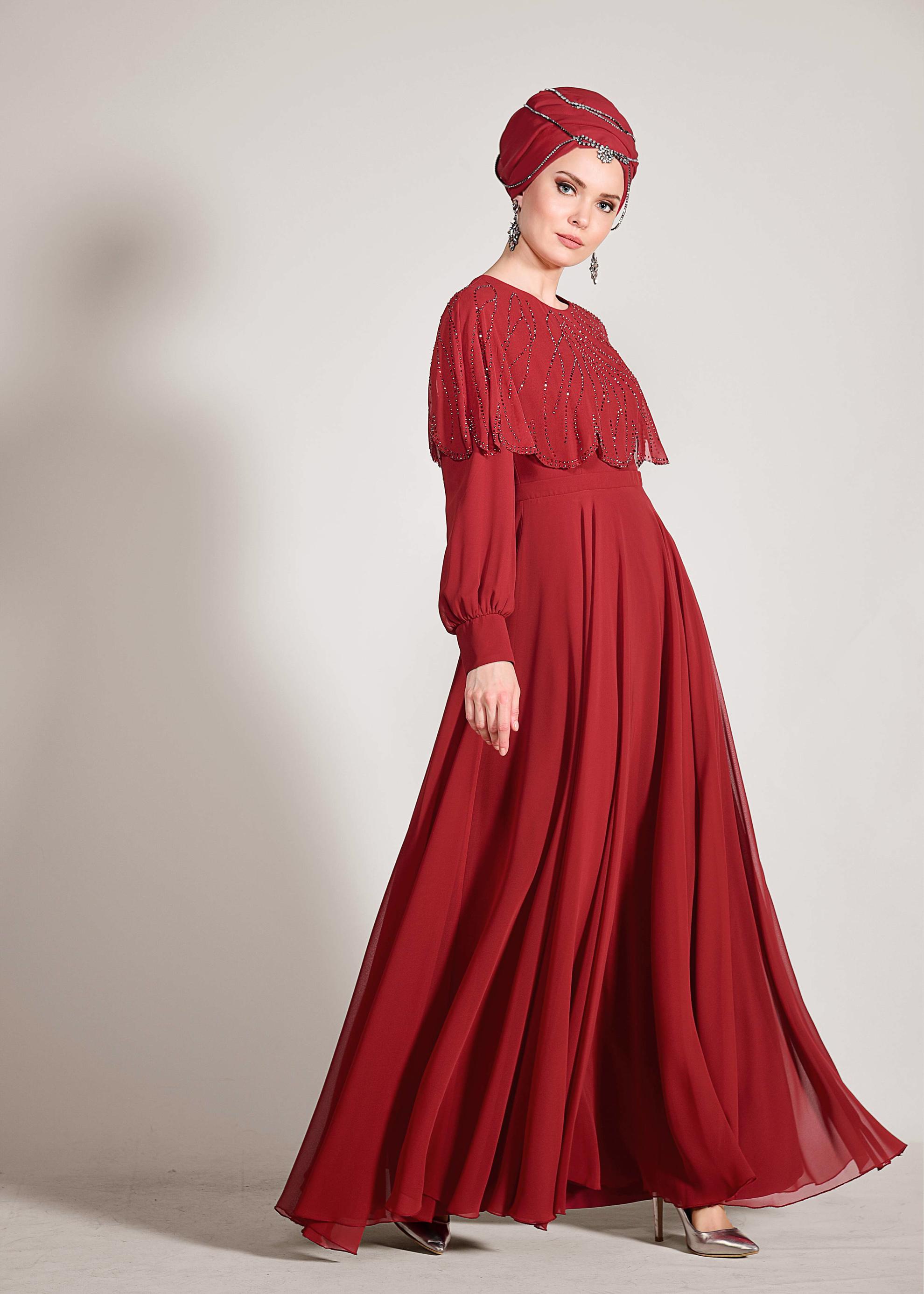 Tesettür giyim BORDO TAŞ BASKILI ŞİFON ABİYE ELBİSE 5468