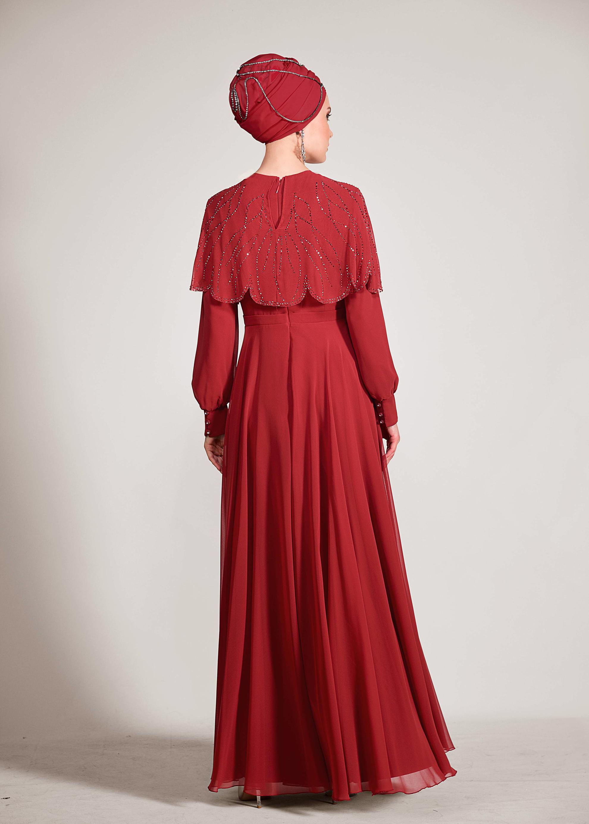 Tesettür giyim BORDO TAŞ BASKILI ŞİFON ABİYE ELBİSE 5468