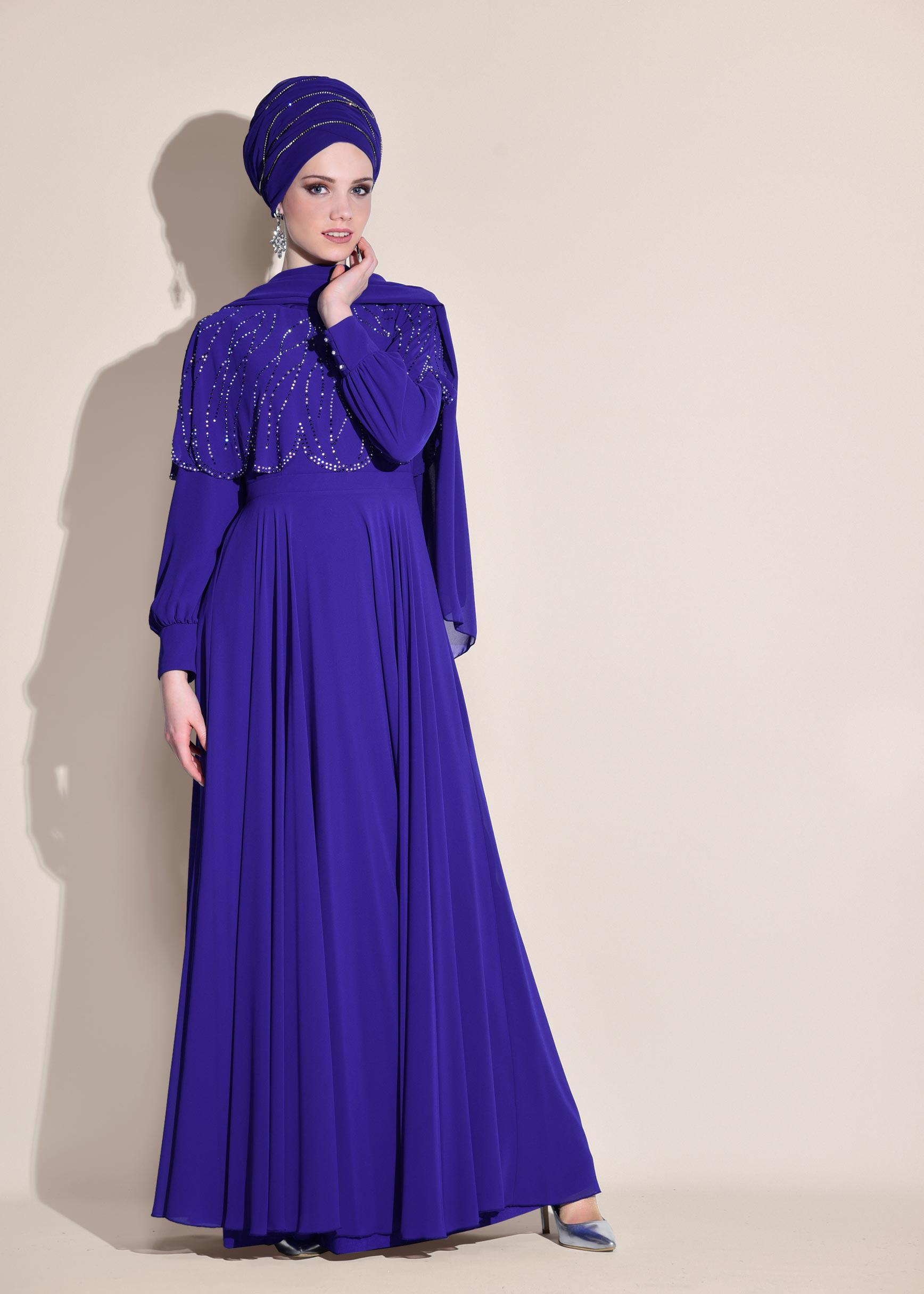 Tesettür giyim LACİVERT TAŞ BASKILI ŞİFON ABİYE ELBİSE 5468