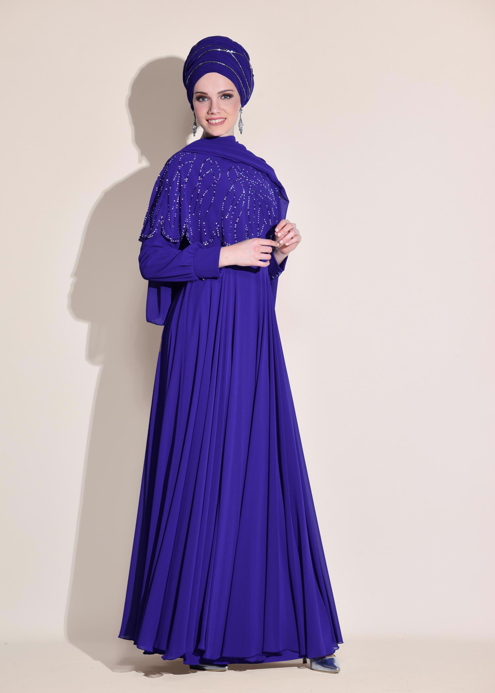 Tesettür giyim LACİVERT TAŞ BASKILI ŞİFON ABİYE ELBİSE 5468