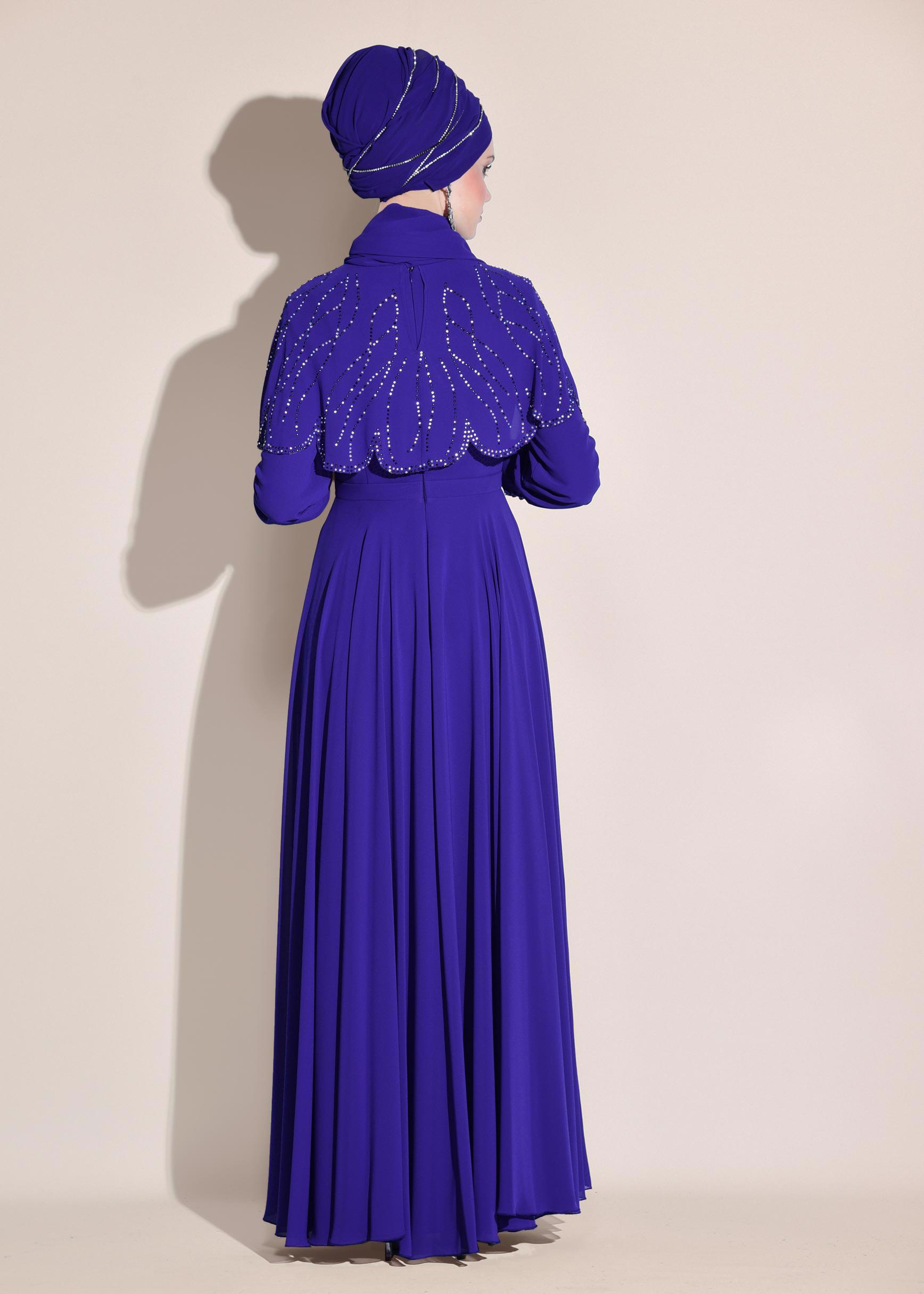 Tesettür giyim LACİVERT TAŞ BASKILI ŞİFON ABİYE ELBİSE 5468