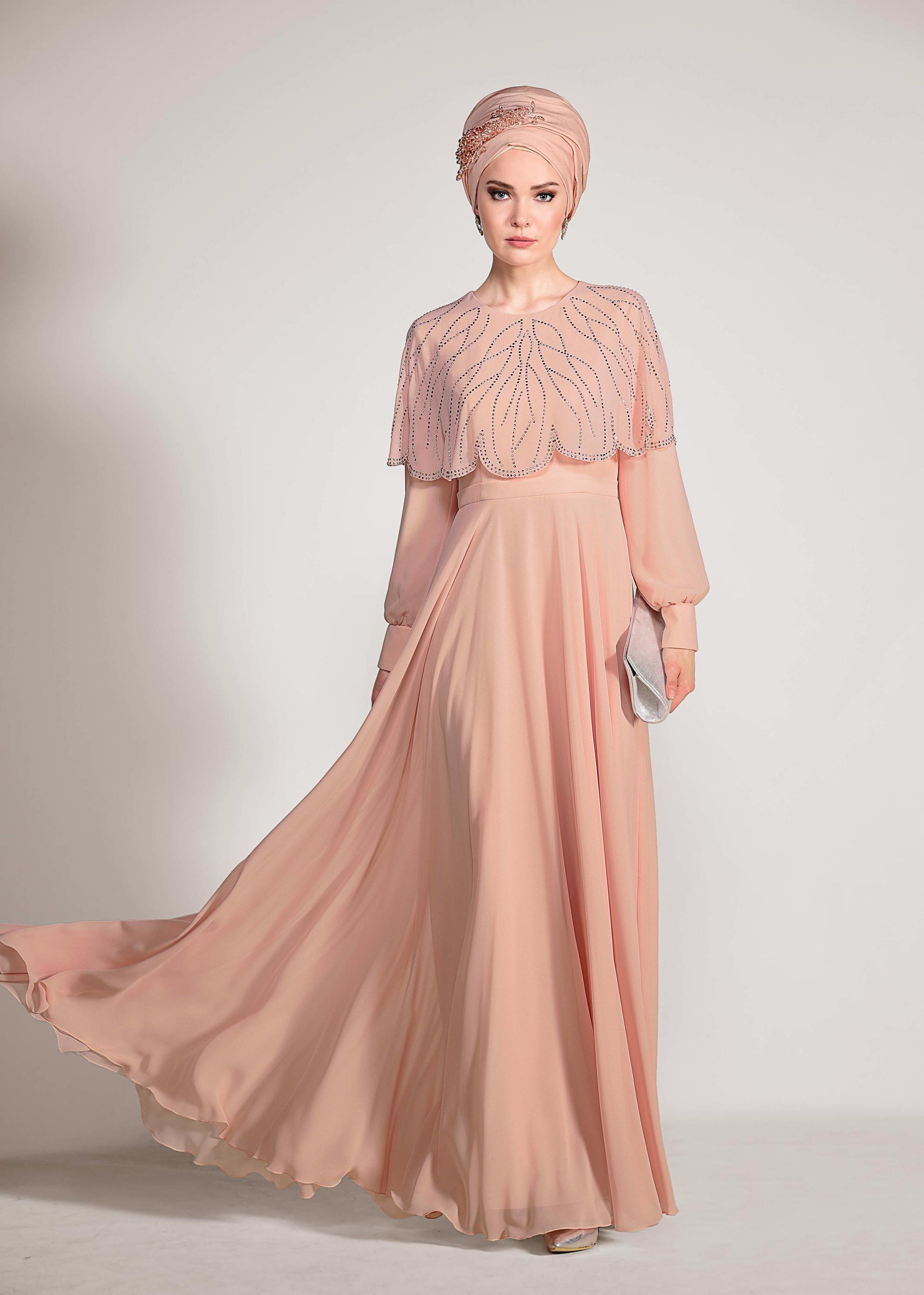 Tesettür giyim PUDRA TAŞ BASKILI ŞİFON ABİYE ELBİSE 5468