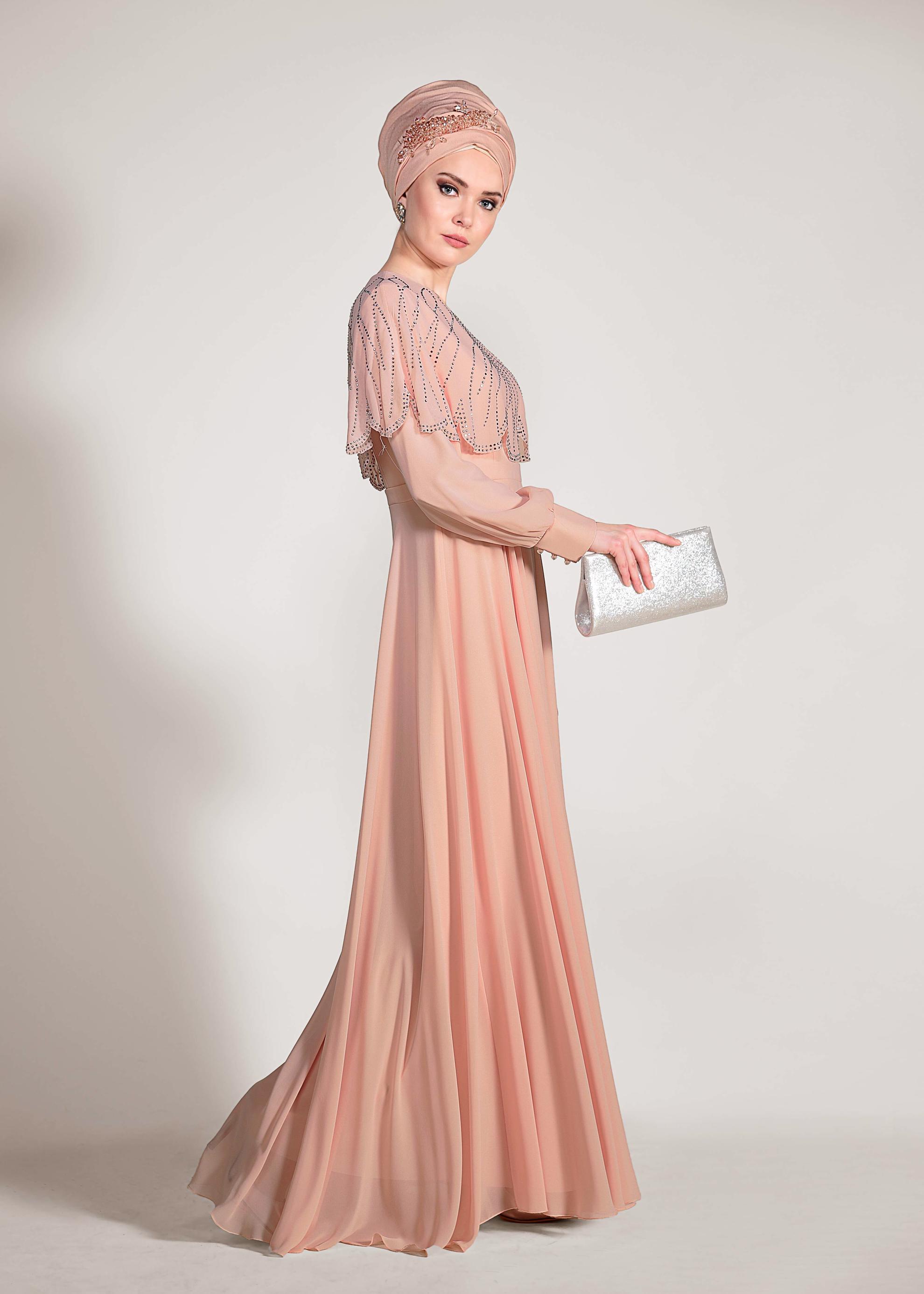 Tesettür giyim PUDRA TAŞ BASKILI ŞİFON ABİYE ELBİSE 5468