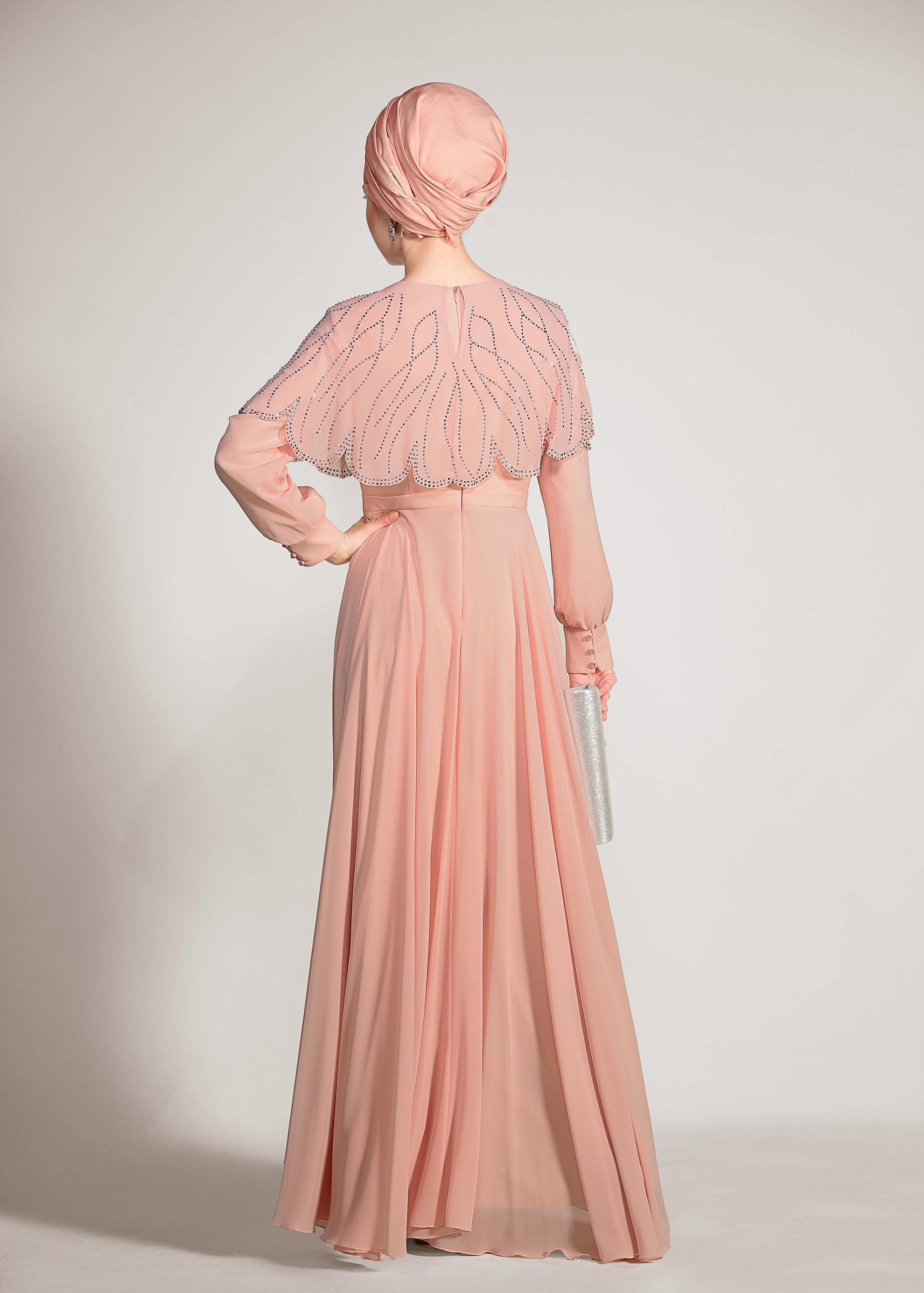 Tesettür giyim PUDRA TAŞ BASKILI ŞİFON ABİYE ELBİSE 5468