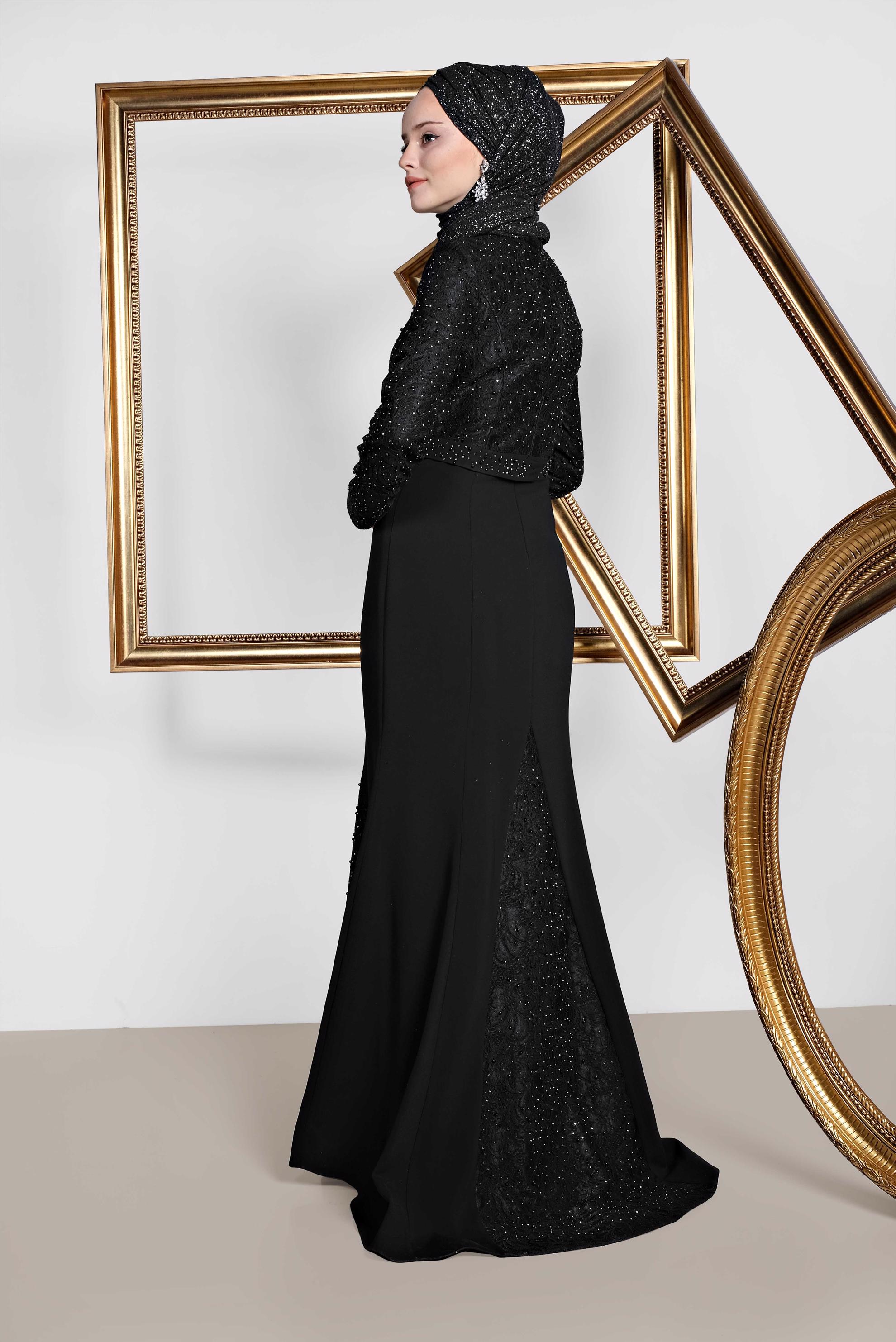 Tesettür giyim SİYAH İNCİ VE TAŞ İŞLEMELİ ABİYE ELBİSE 5474