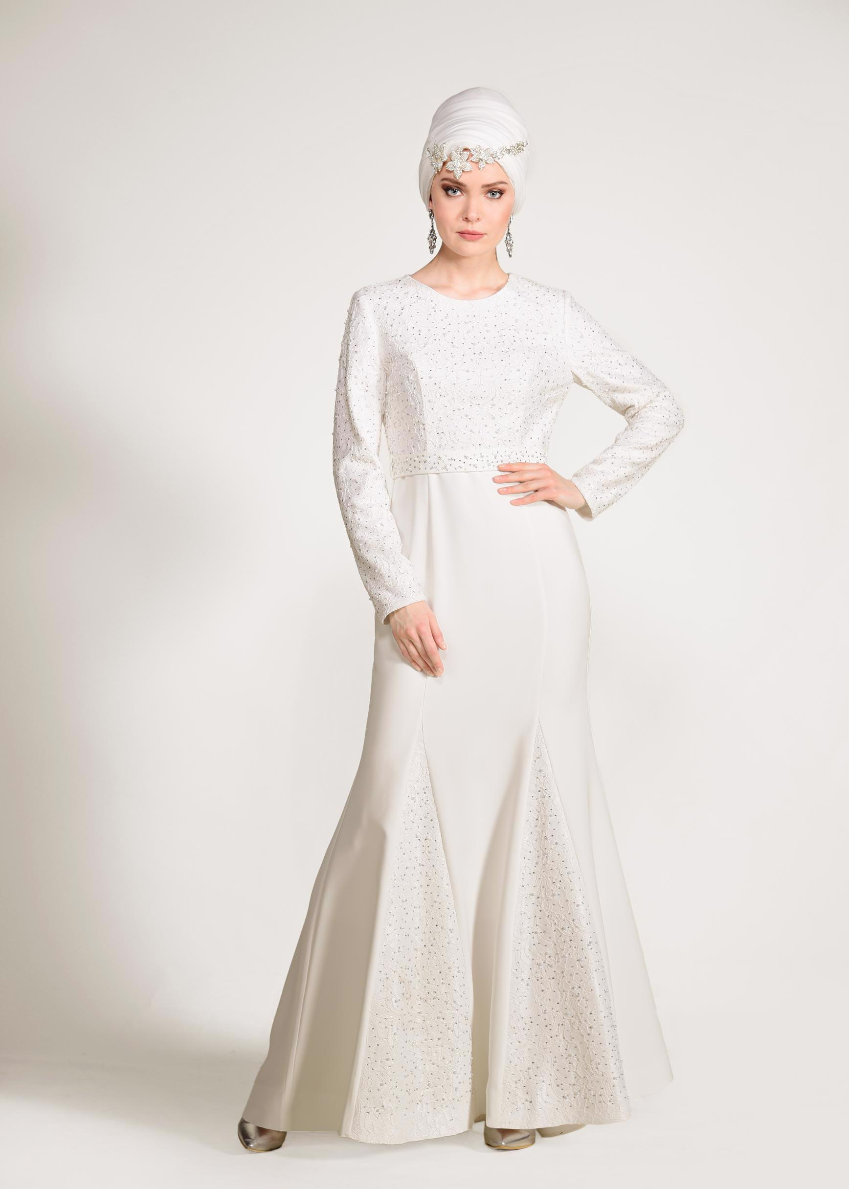 Tesettür giyim BEYAZ İNCİ VE TAŞ İŞLEMELİ ABİYE ELBİSE 5474