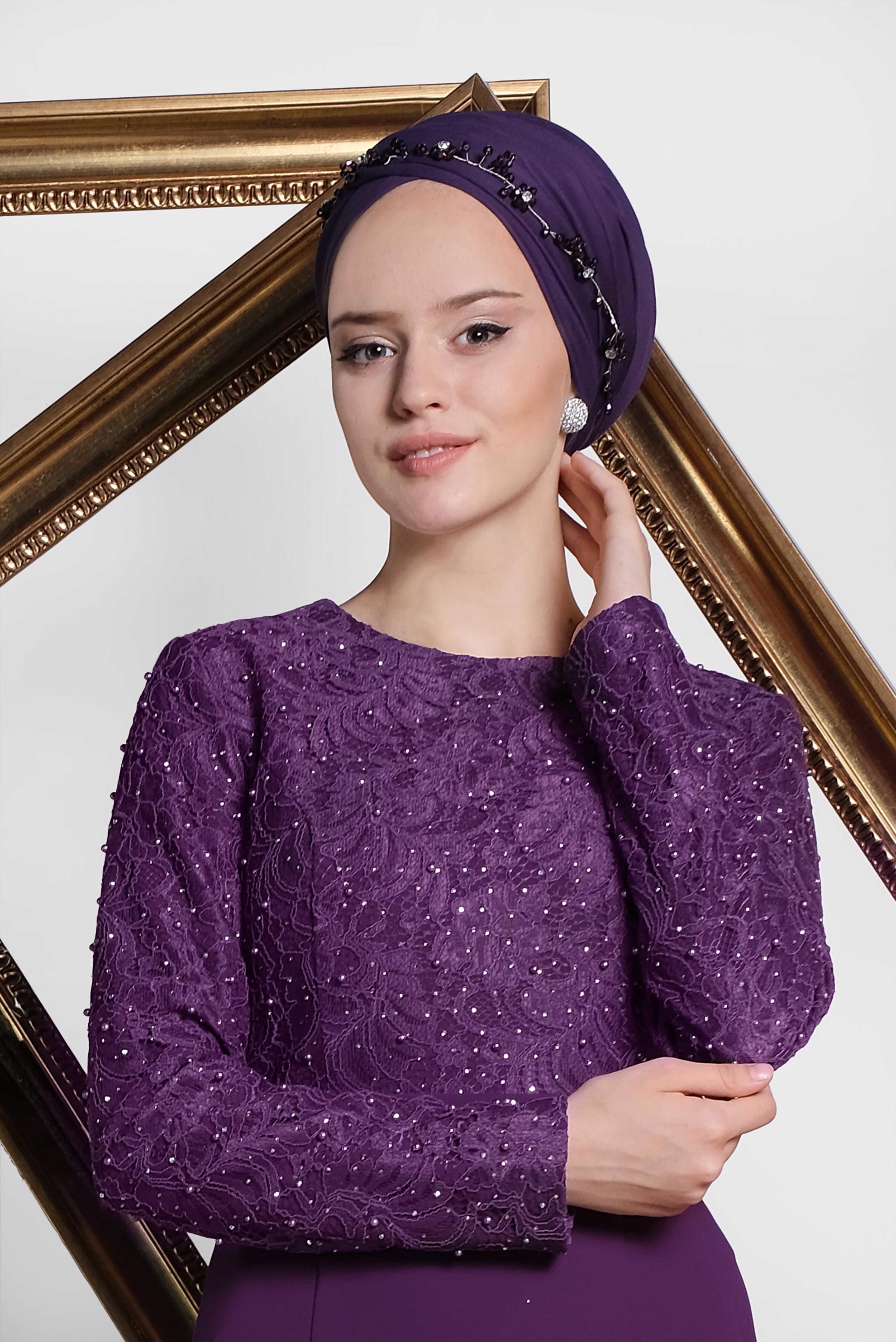 Tesettür giyim MOR İNCİ VE TAŞ İŞLEMELİ ABİYE ELBİSE 5474