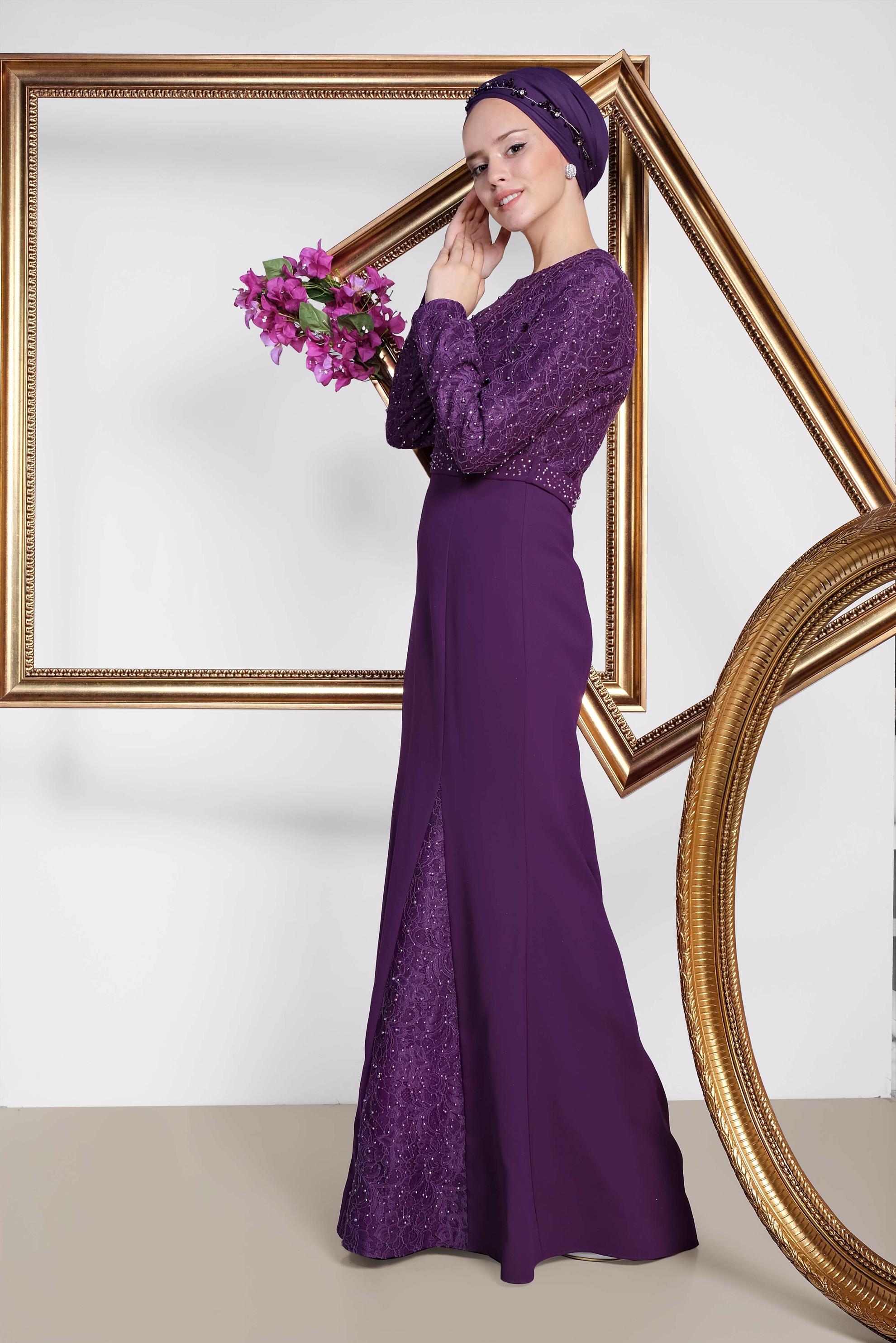 Tesettür giyim MOR İNCİ VE TAŞ İŞLEMELİ ABİYE ELBİSE 5474