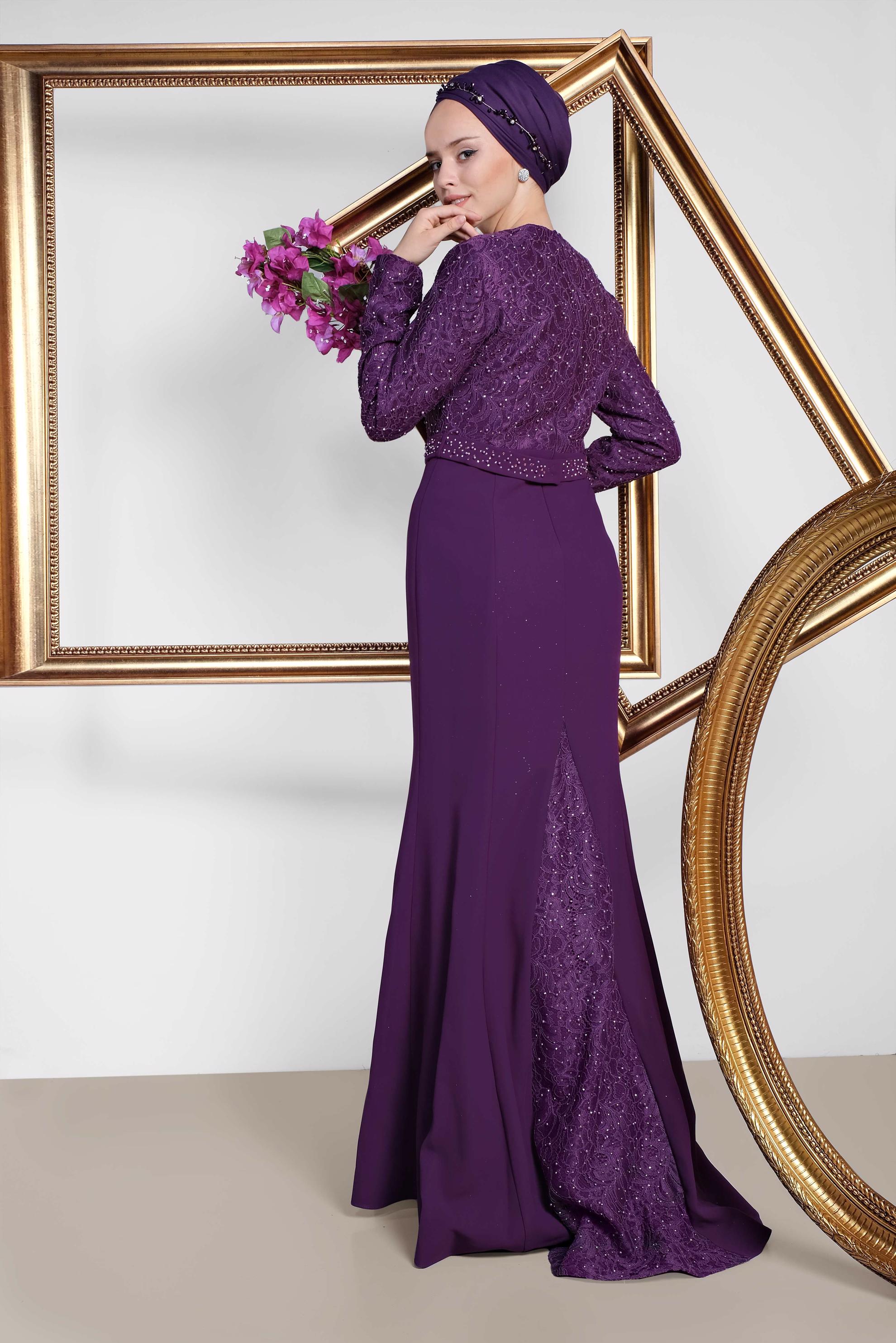 Tesettür giyim MOR İNCİ VE TAŞ İŞLEMELİ ABİYE ELBİSE 5474