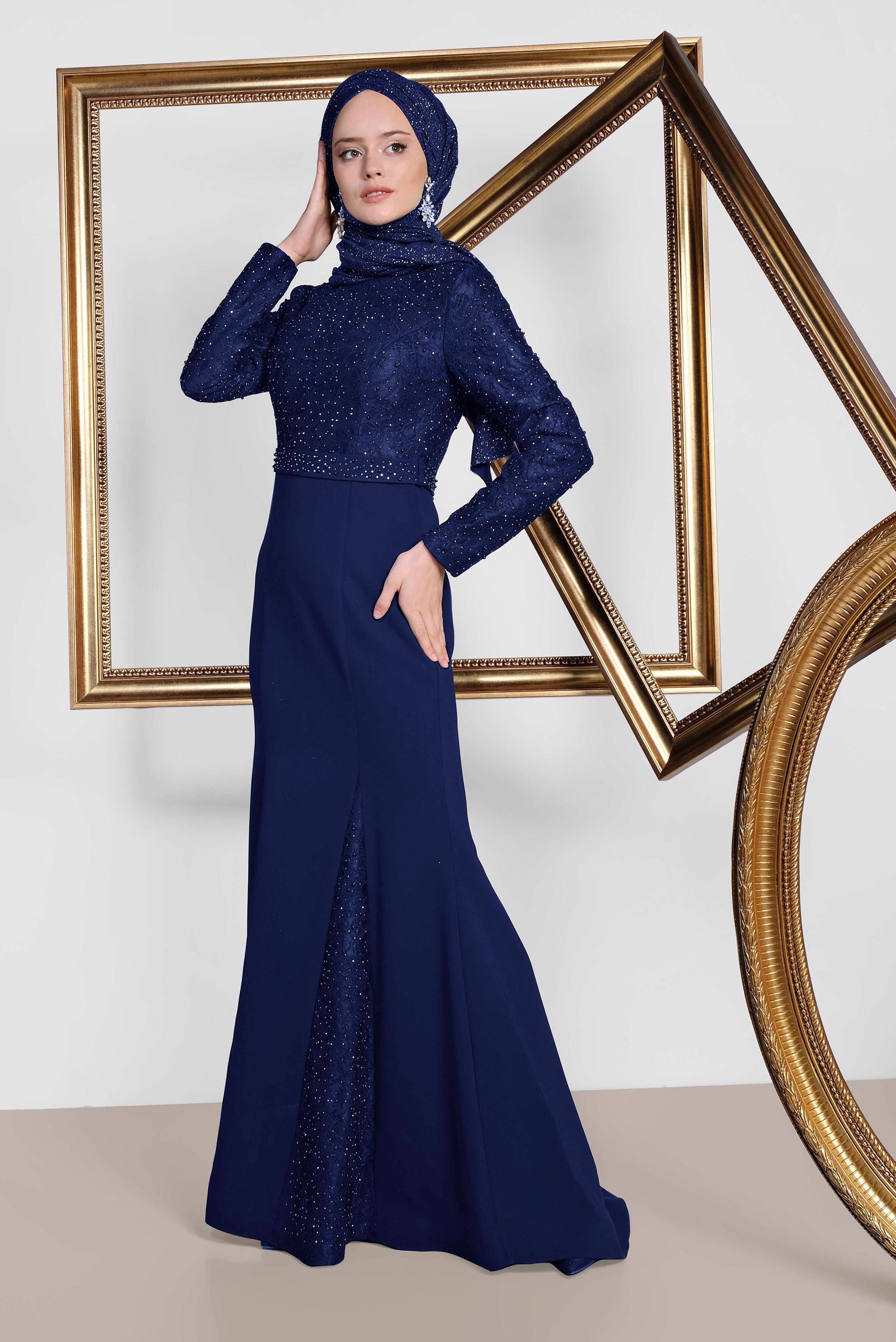 Tesettür giyim LACİVERT İNCİ VE TAŞ İŞLEMELİ ABİYE ELBİSE 5474