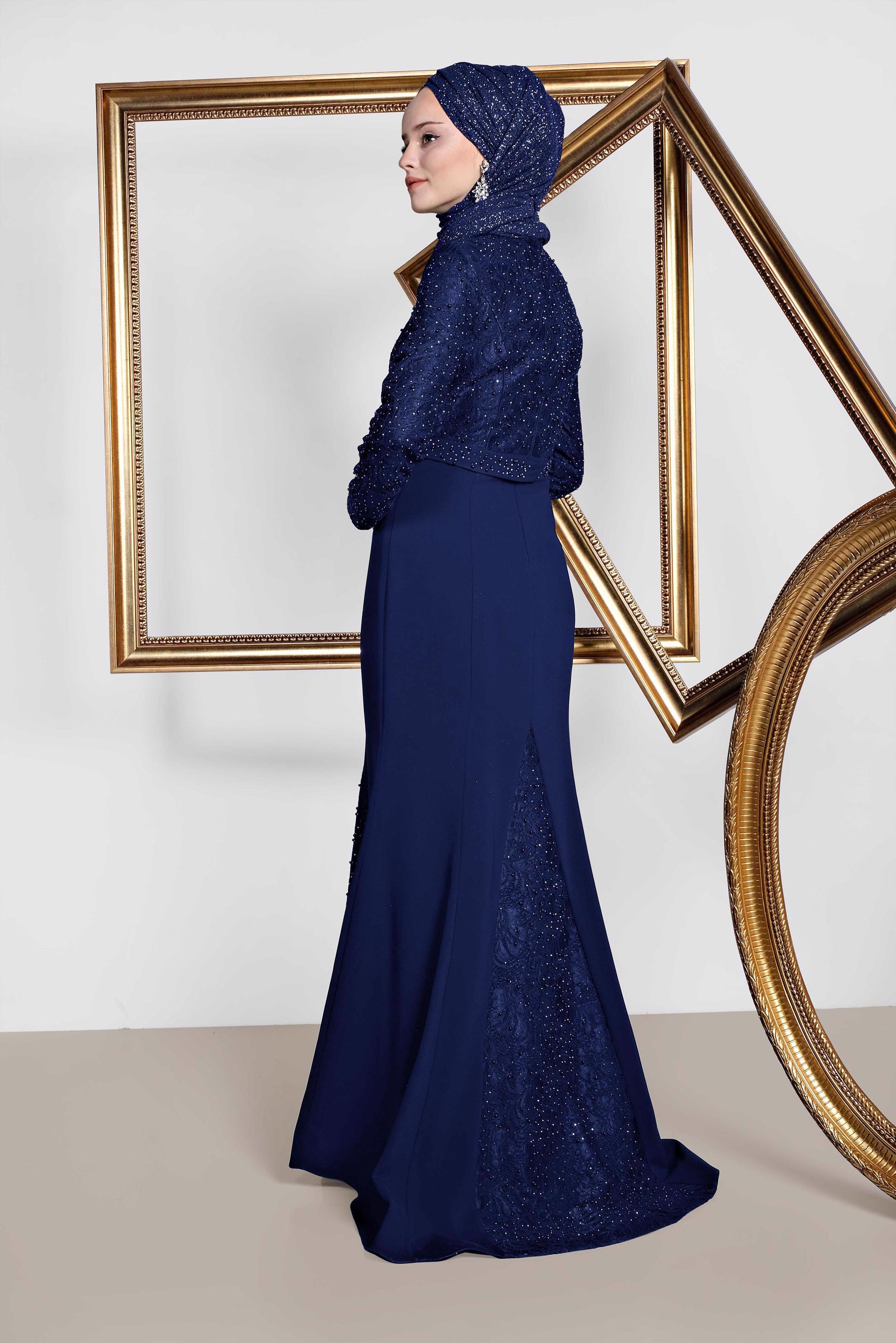 Tesettür giyim LACİVERT İNCİ VE TAŞ İŞLEMELİ ABİYE ELBİSE 5474