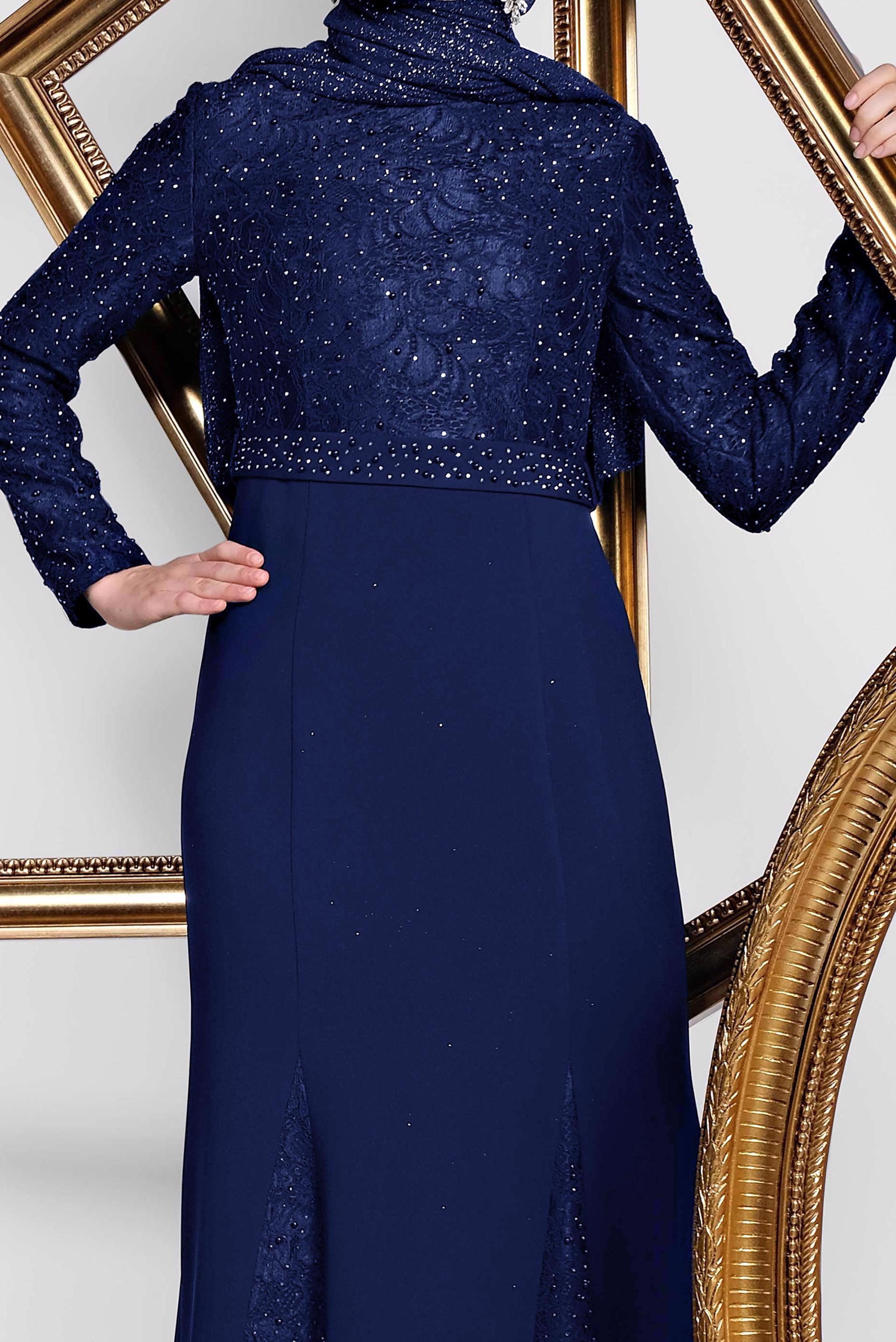 Tesettür giyim LACİVERT İNCİ VE TAŞ İŞLEMELİ ABİYE ELBİSE 5474