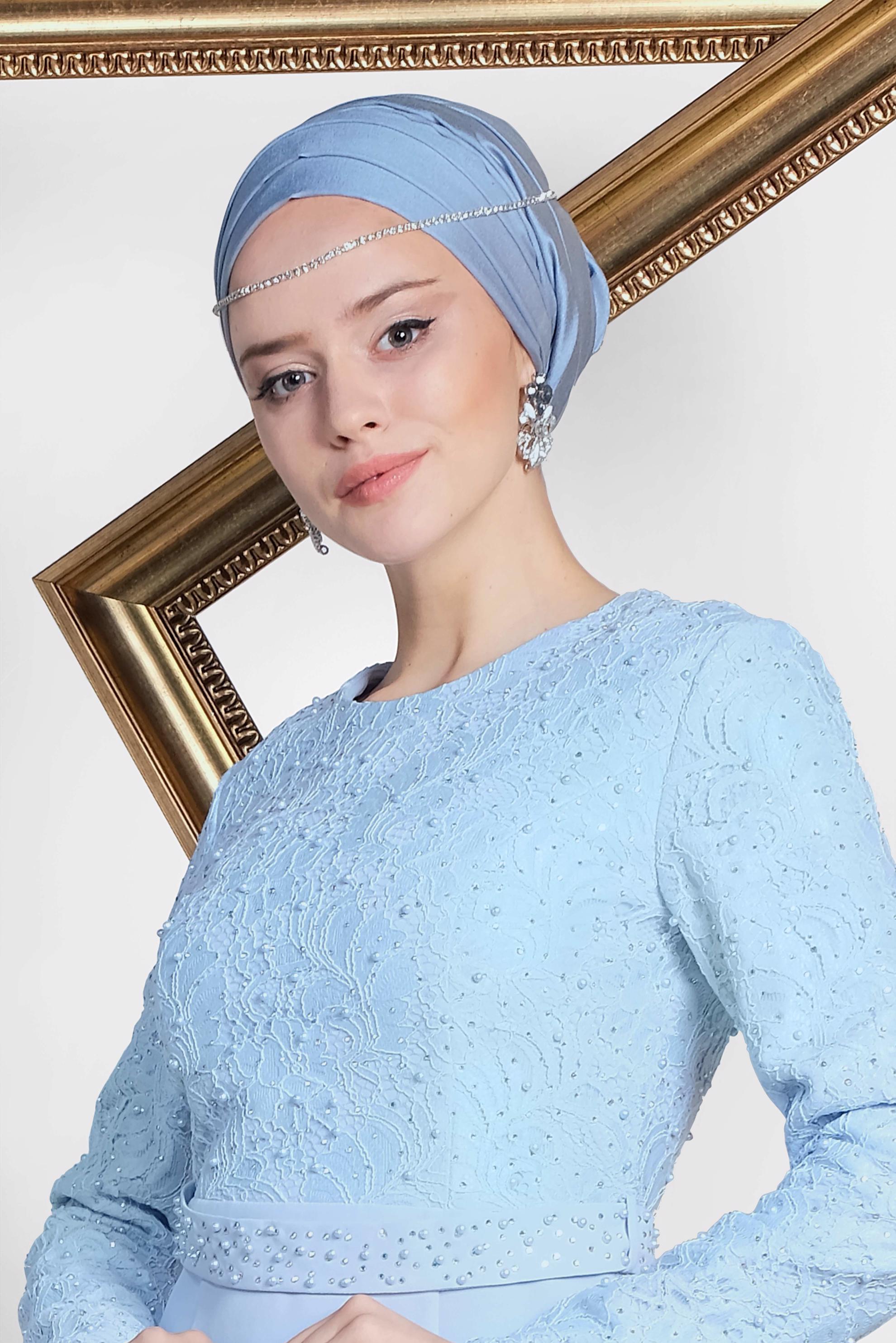 Tesettür giyim MAVİ İNCİ VE TAŞ İŞLEMELİ ABİYE ELBİSE 5474
