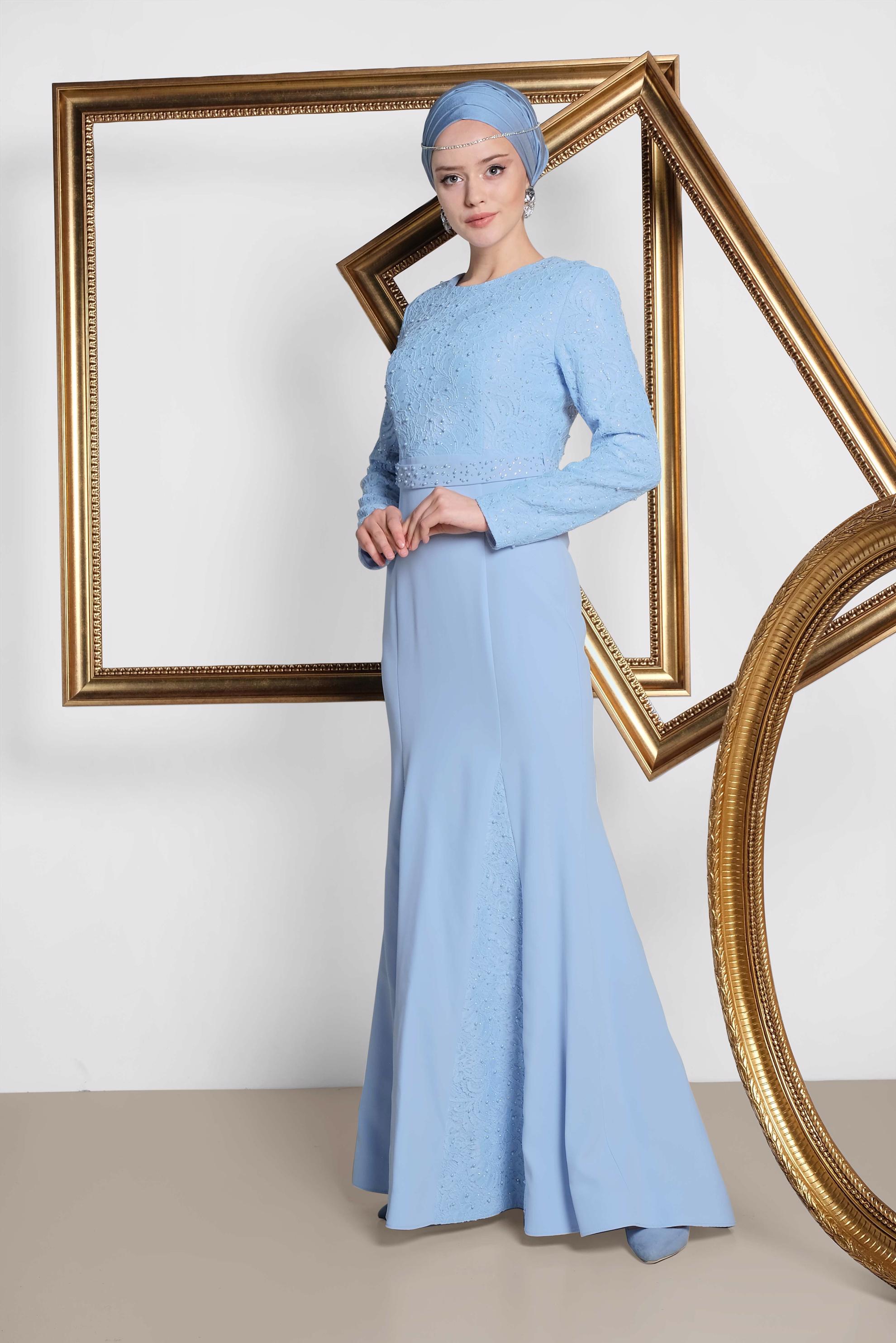 Tesettür giyim MAVİ İNCİ VE TAŞ İŞLEMELİ ABİYE ELBİSE 5474