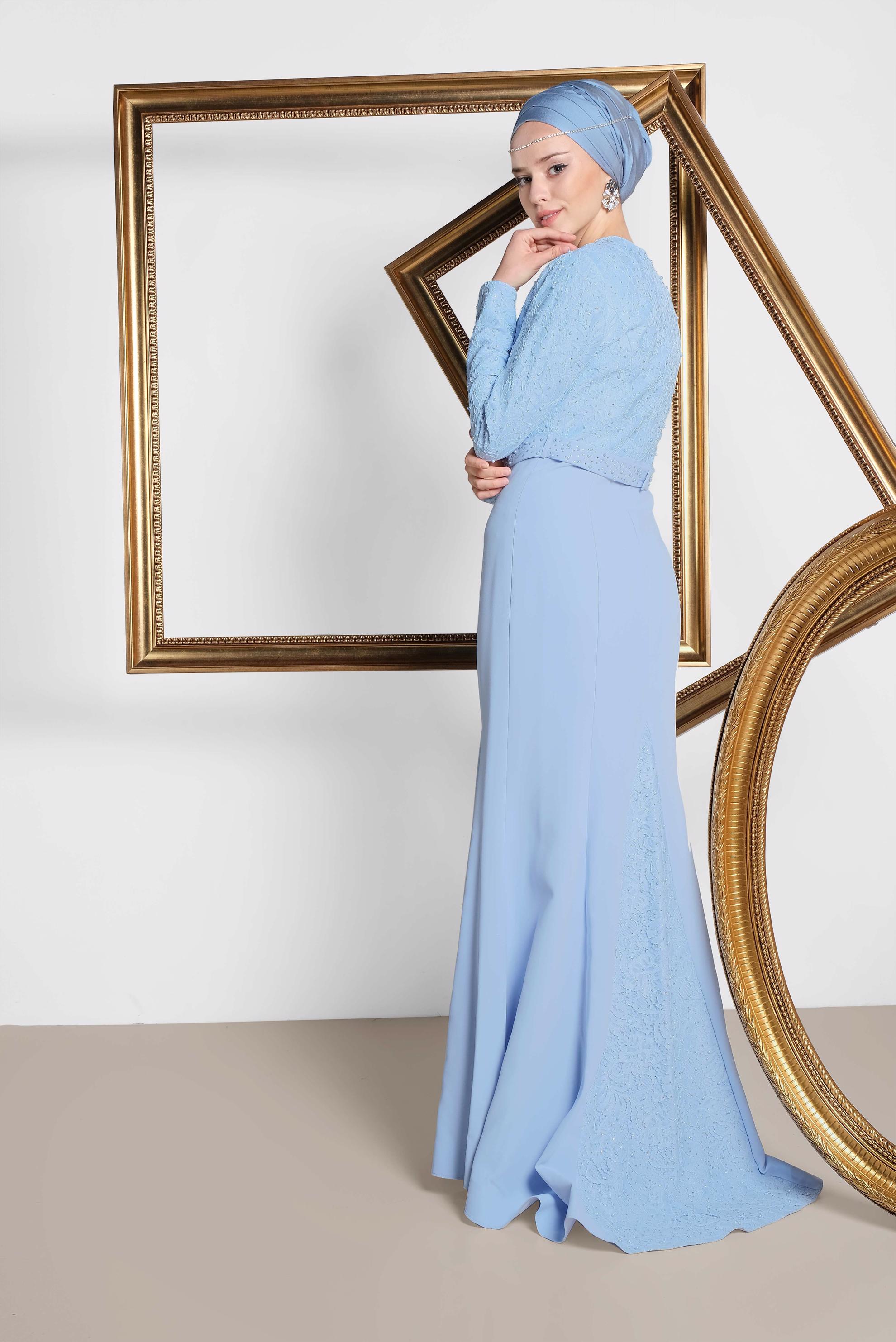 Tesettür giyim MAVİ İNCİ VE TAŞ İŞLEMELİ ABİYE ELBİSE 5474