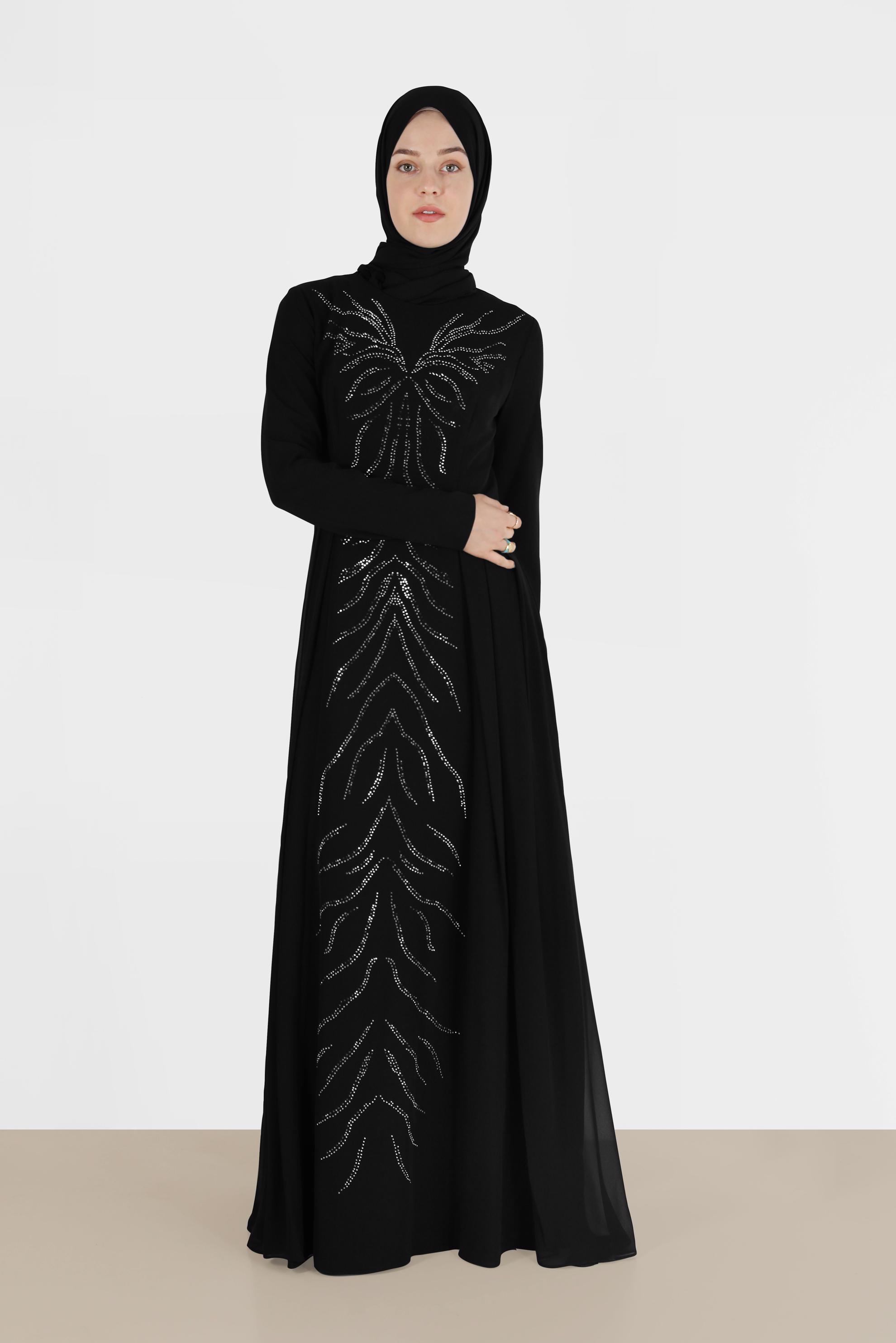 Tesettür giyim SİYAH TAŞ DETAYLI ABİYE ELBİSE 5476
