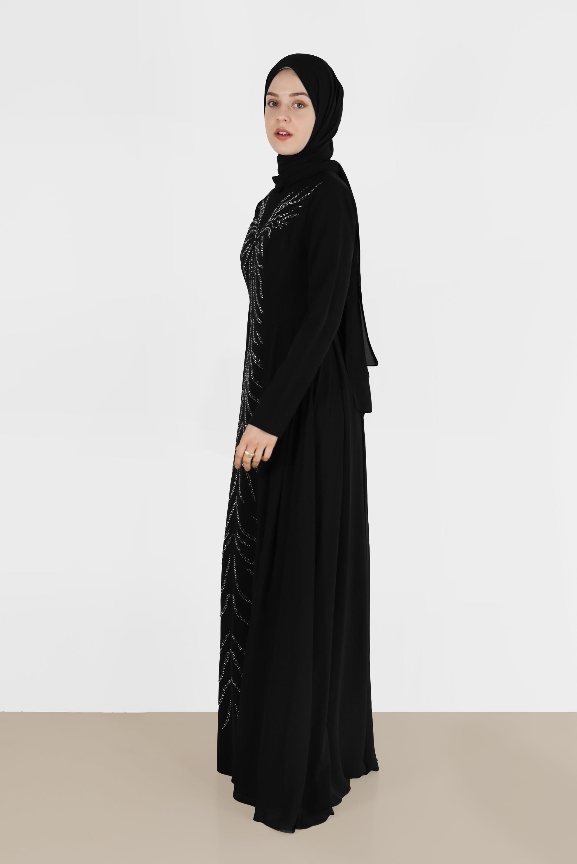 Tesettür giyim SİYAH TAŞ DETAYLI ABİYE ELBİSE 5476