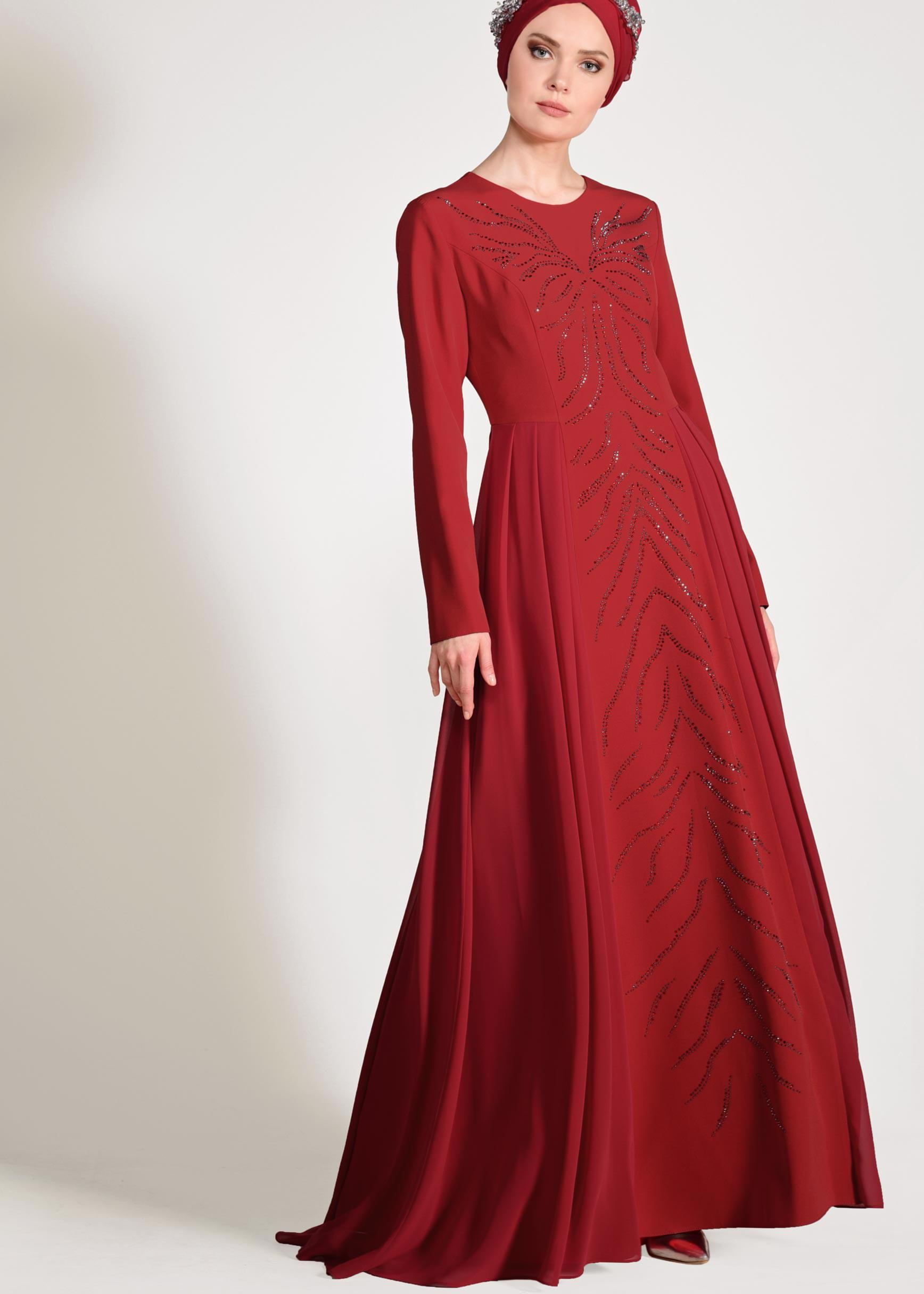 Tesettür giyim KIRMIZI TAŞ DETAYLI ABİYE ELBİSE 5476