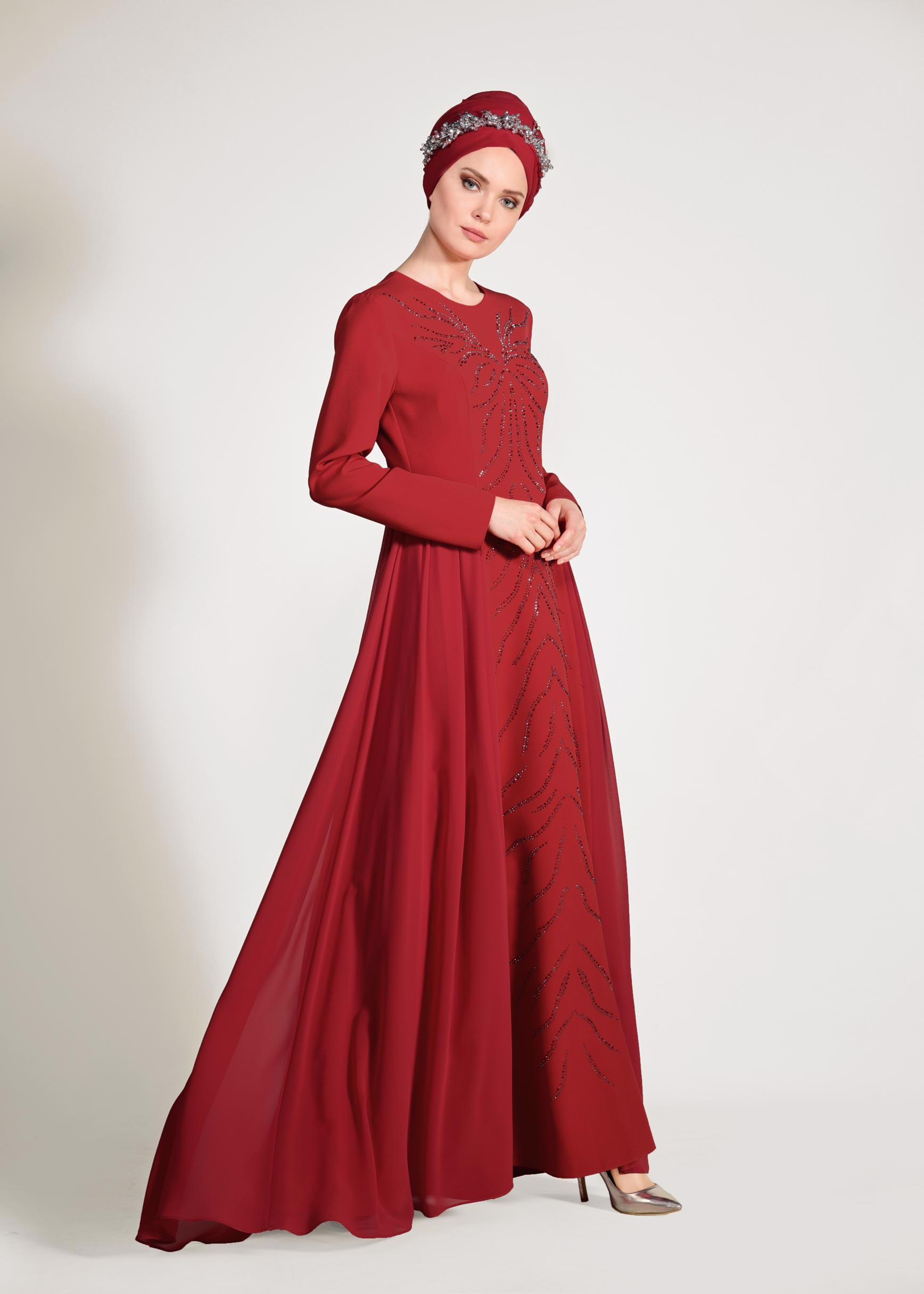 Tesettür giyim KIRMIZI TAŞ DETAYLI ABİYE ELBİSE 5476