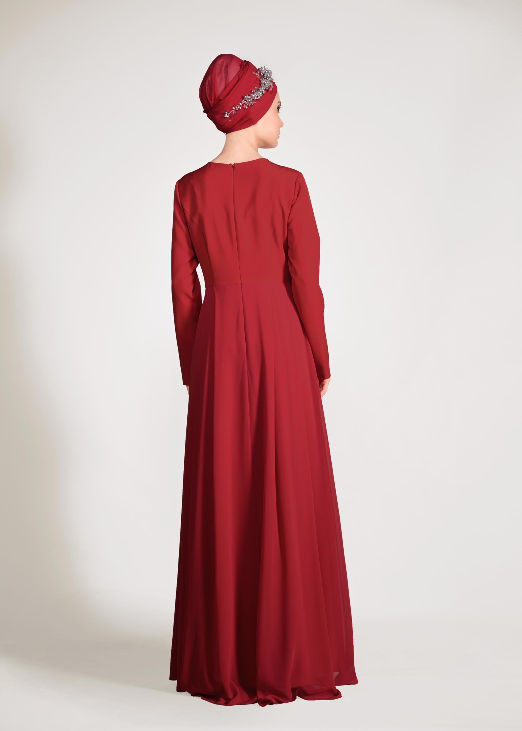Tesettür giyim KIRMIZI TAŞ DETAYLI ABİYE ELBİSE 5476