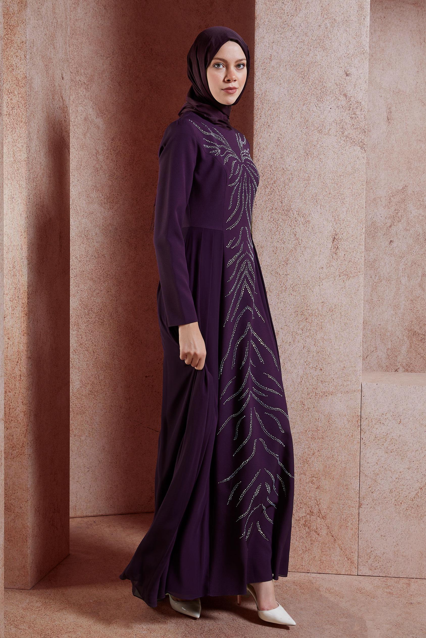 Tesettür giyim MOR TAŞ DETAYLI ABİYE ELBİSE 5476