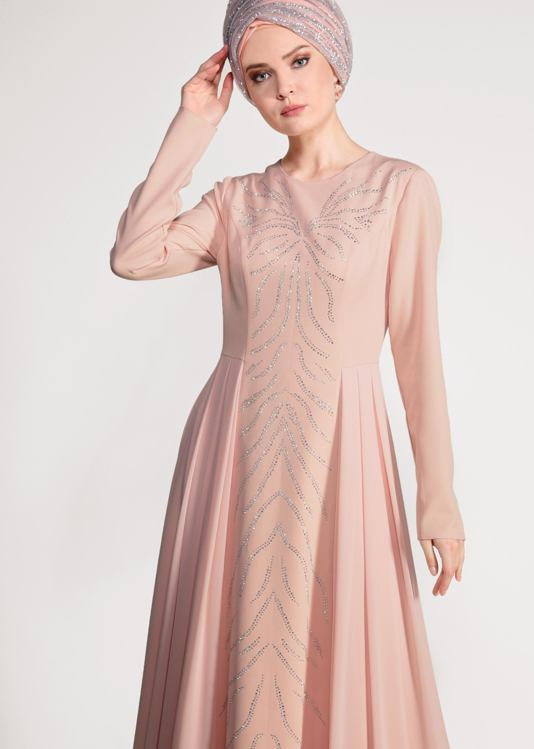 Tesettür giyim PUDRA TAŞ DETAYLI ABİYE ELBİSE 5476