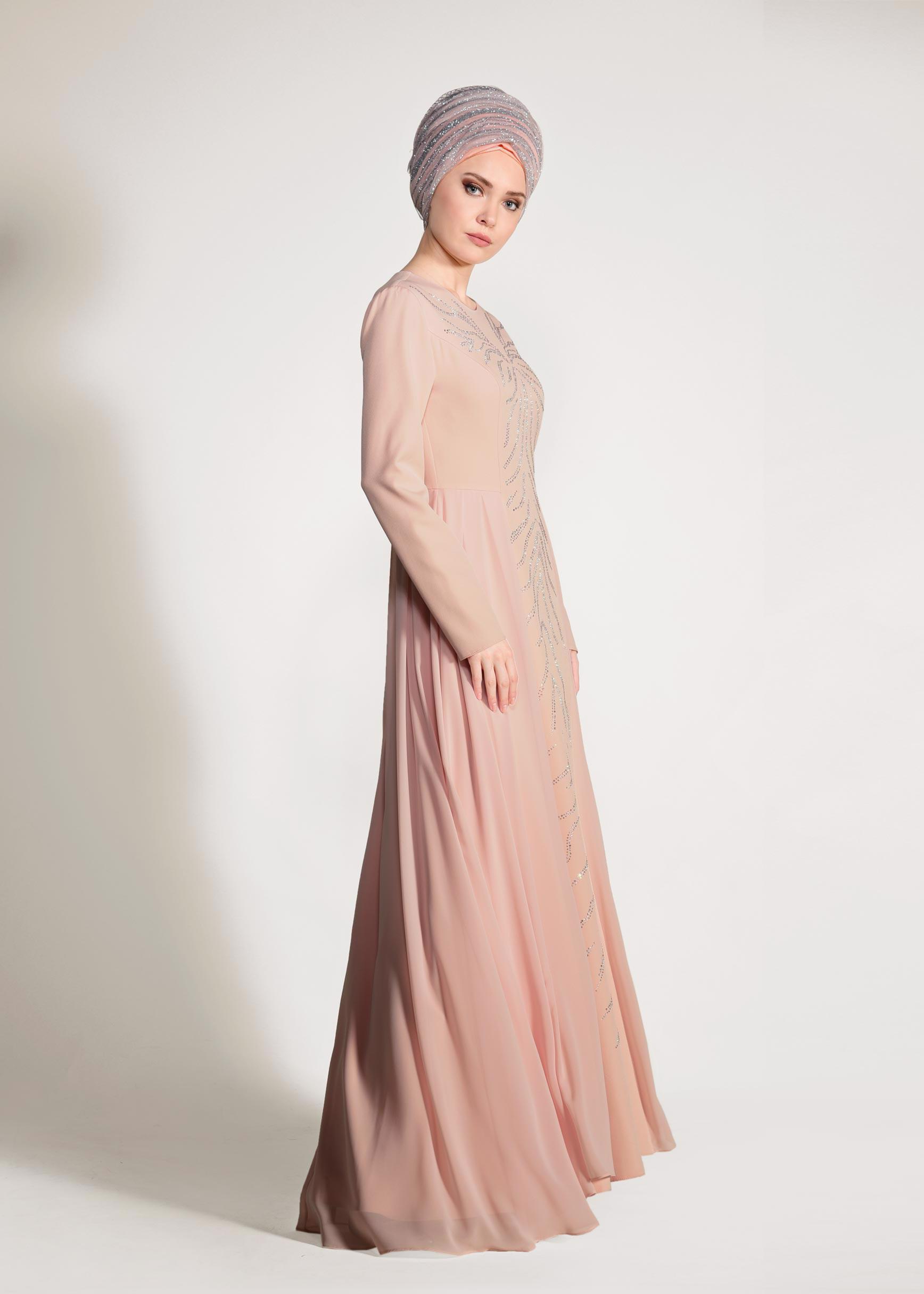 Tesettür giyim PUDRA TAŞ DETAYLI ABİYE ELBİSE 5476