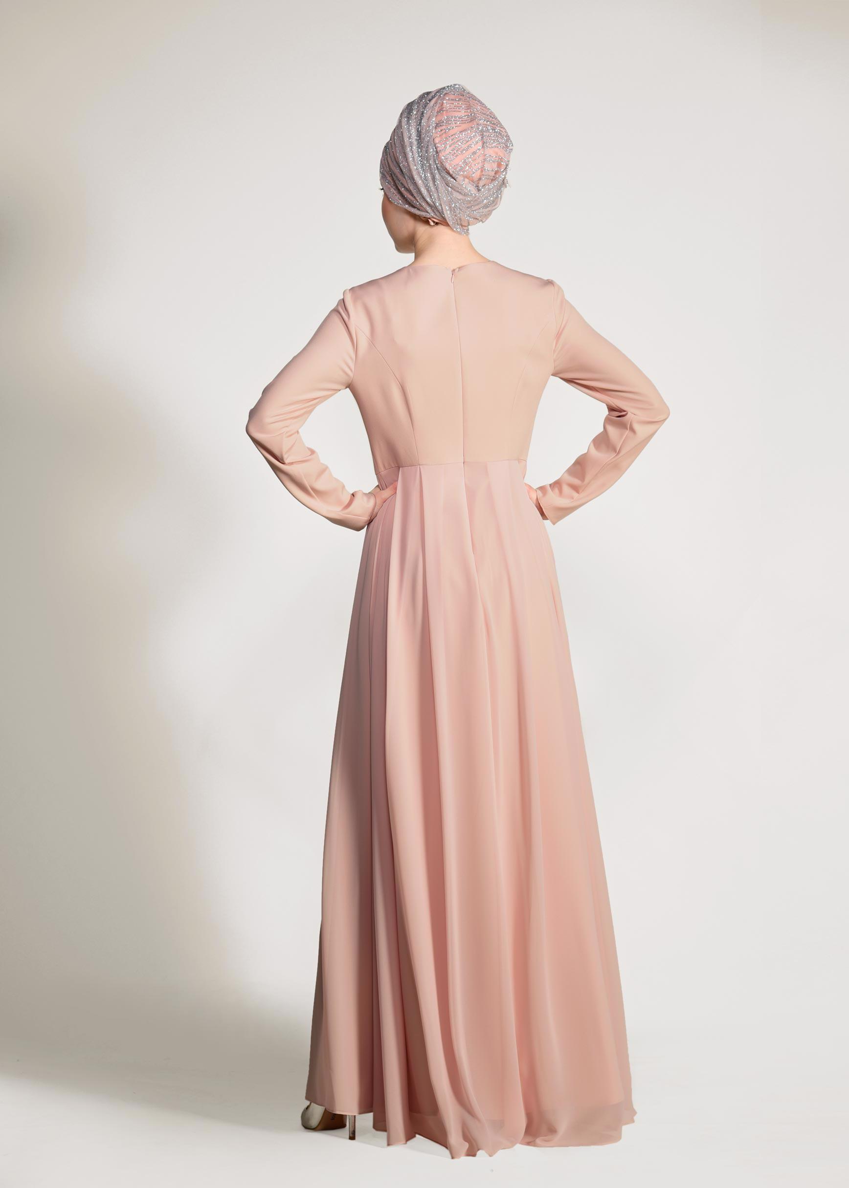 Tesettür giyim PUDRA TAŞ DETAYLI ABİYE ELBİSE 5476